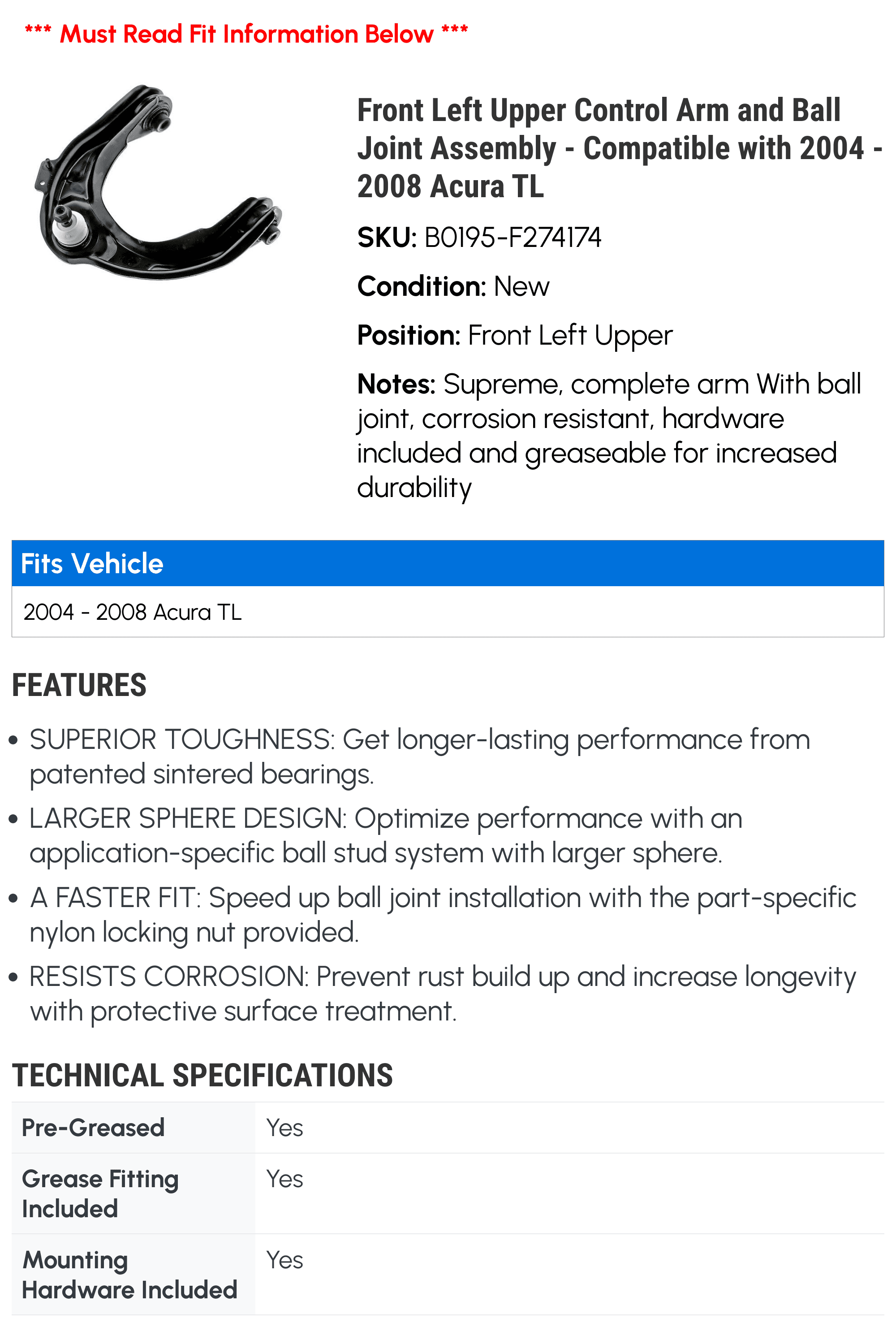 Front Left Upper Control Arm and Ball Joint Assembly - Compatible with 2004 - 2008 Acura TL 2005 2006 2007