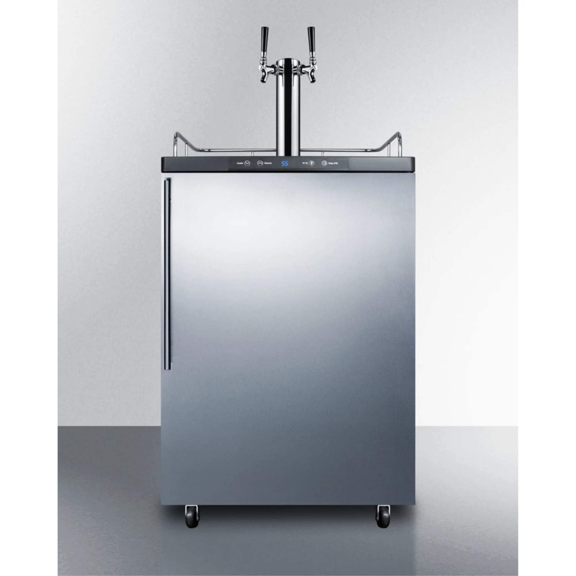 Freestanding dual tap residential beer dispenser, auto defrost w/digital thermostat, SS wrapped door, thin handle, and black cabinet