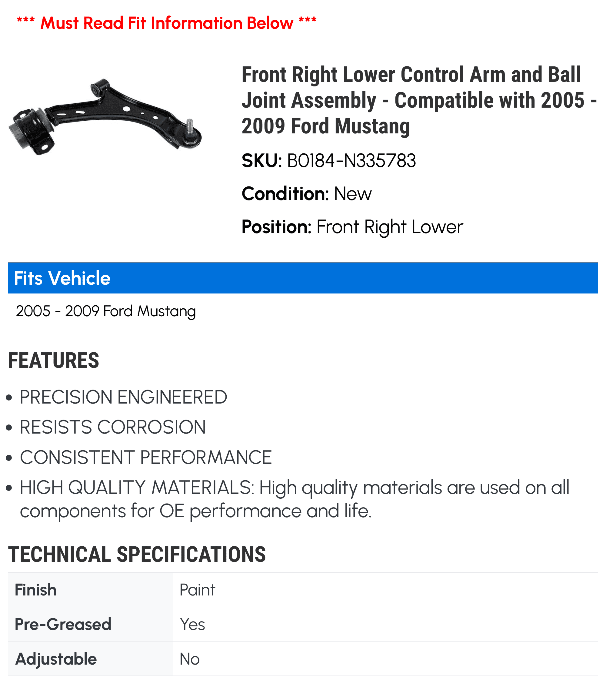 Front Right Lower Control Arm and Ball Joint Assembly - Compatible with 2005 - 2009 Ford Mustang 2006 2007 2008