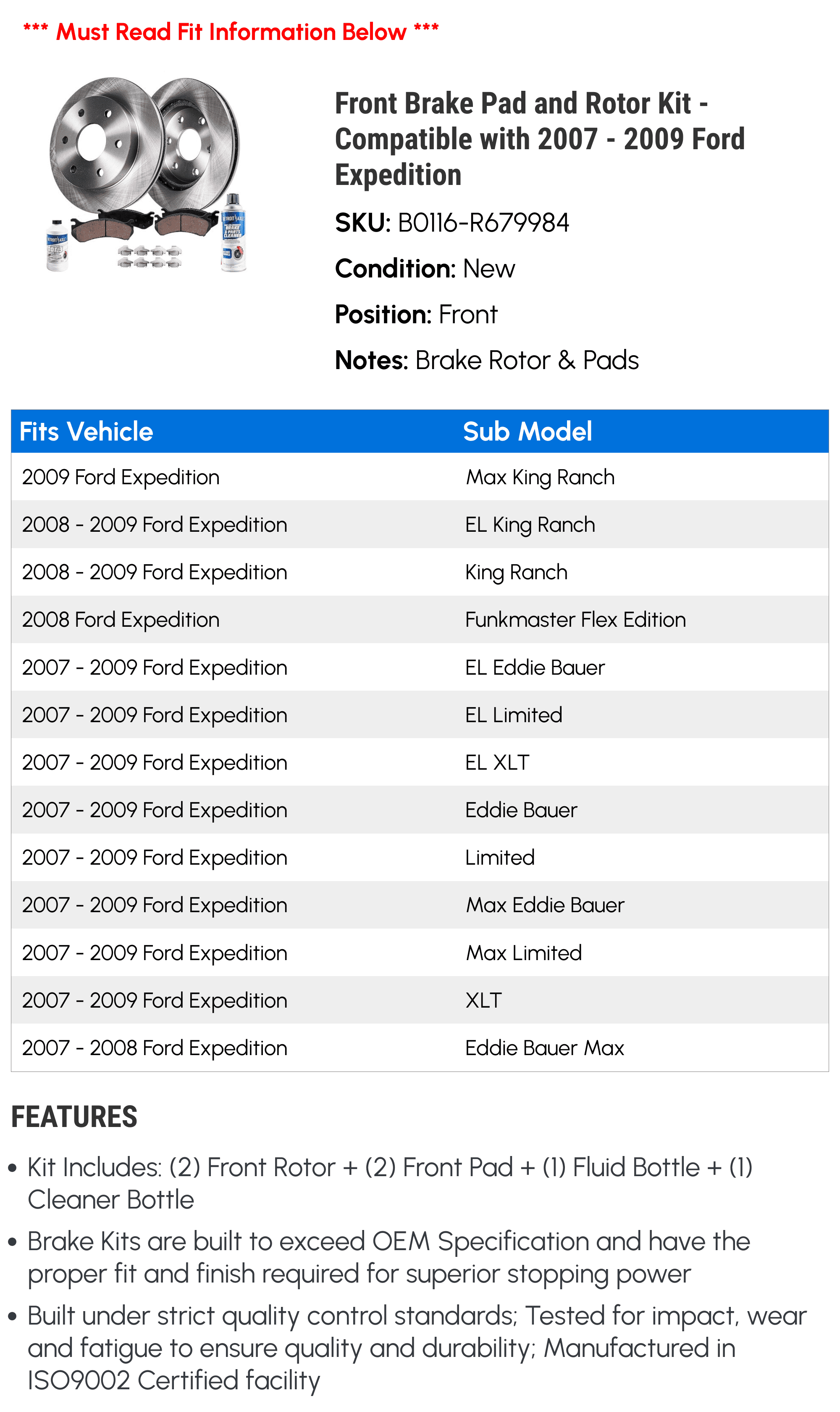 Front Brake Pad and Rotor Kit - Compatible with 2007 - 2009 Ford Expedition 2008