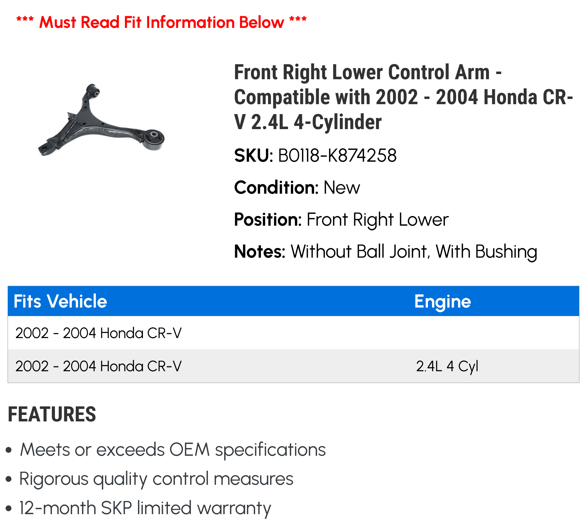 Front Right Lower Control Arm - Compatible with 2002 - 2004 Honda CR-V 2.4L 4-Cylinder 2003