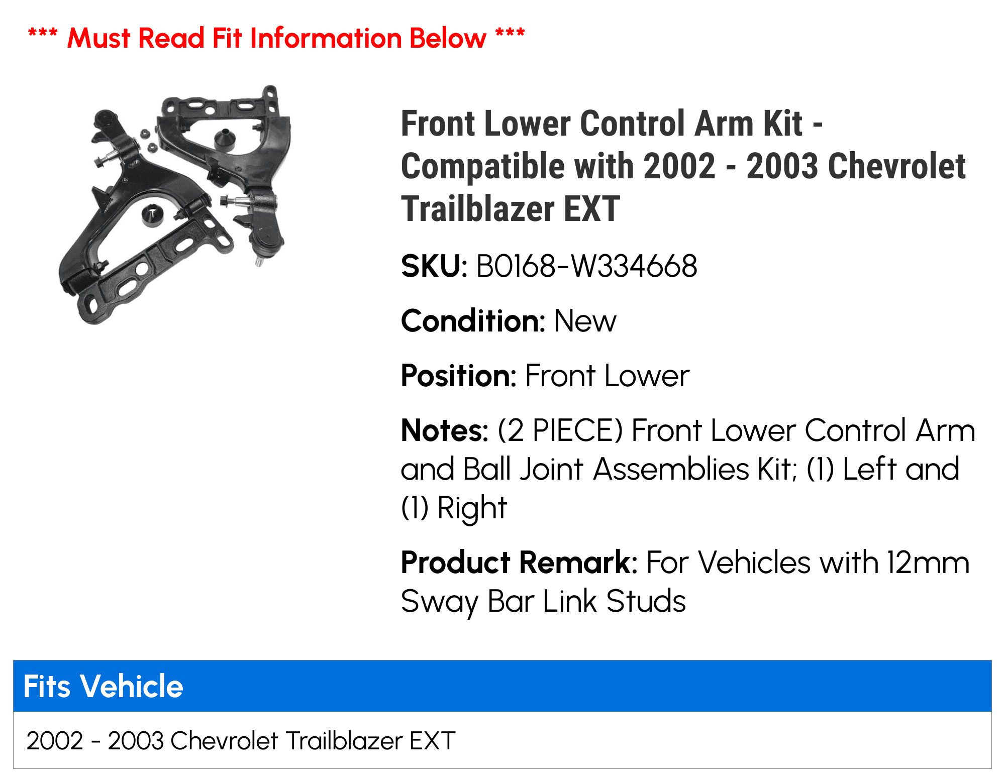 Front Lower Control Arm Kit - Compatible with 2002 - 2003 Chevy Trailblazer EXT