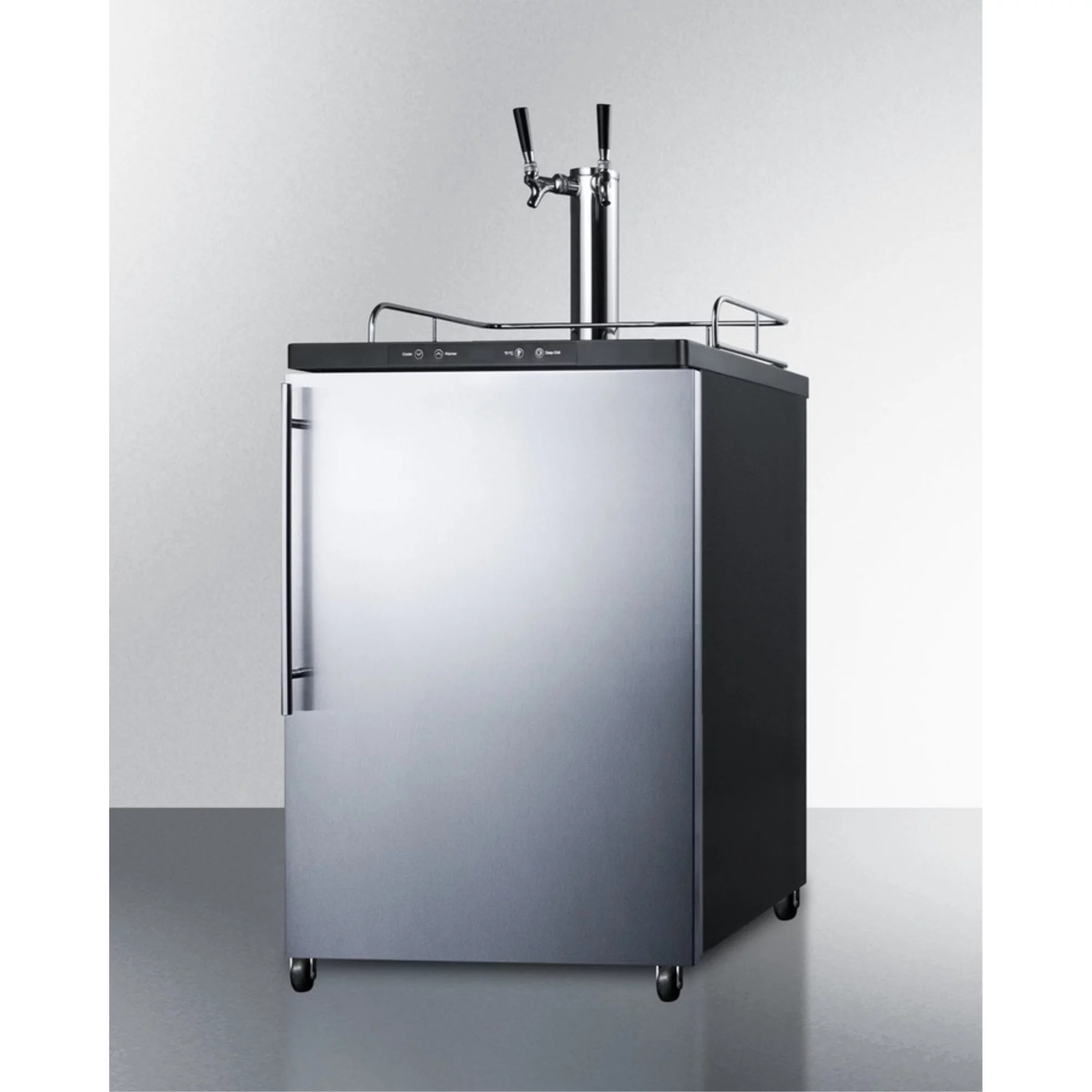 Freestanding dual tap residential beer dispenser, auto defrost w/digital thermostat, SS wrapped door, thin handle, and black cabinet
