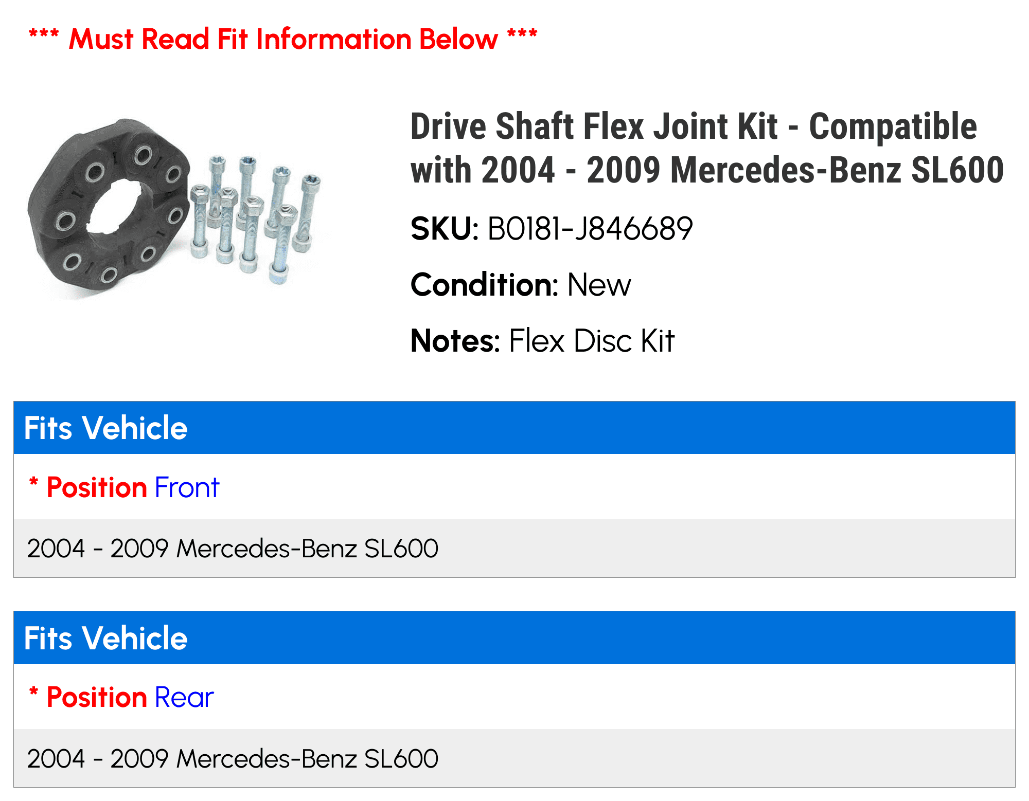 Drive Shaft Flex Joint Kit - Compatible with 2004 - 2009 Mercedes-Benz SL600 2005 2006 2007 2008