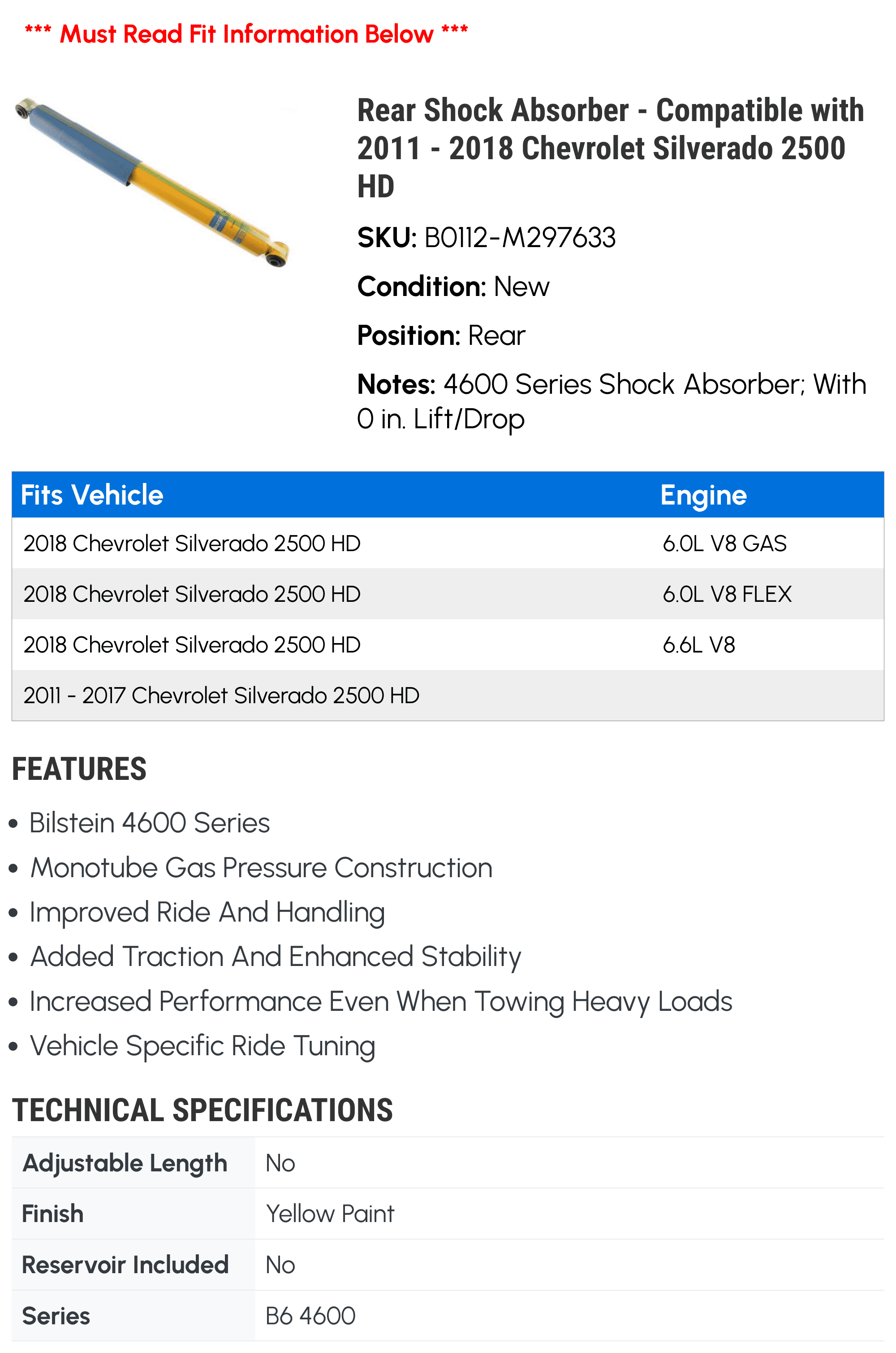 Rear Shock Absorber - Compatible with 2011 - 2018 Chevy Silverado 2500 HD 2012 2013 2014 2015 2016 2017