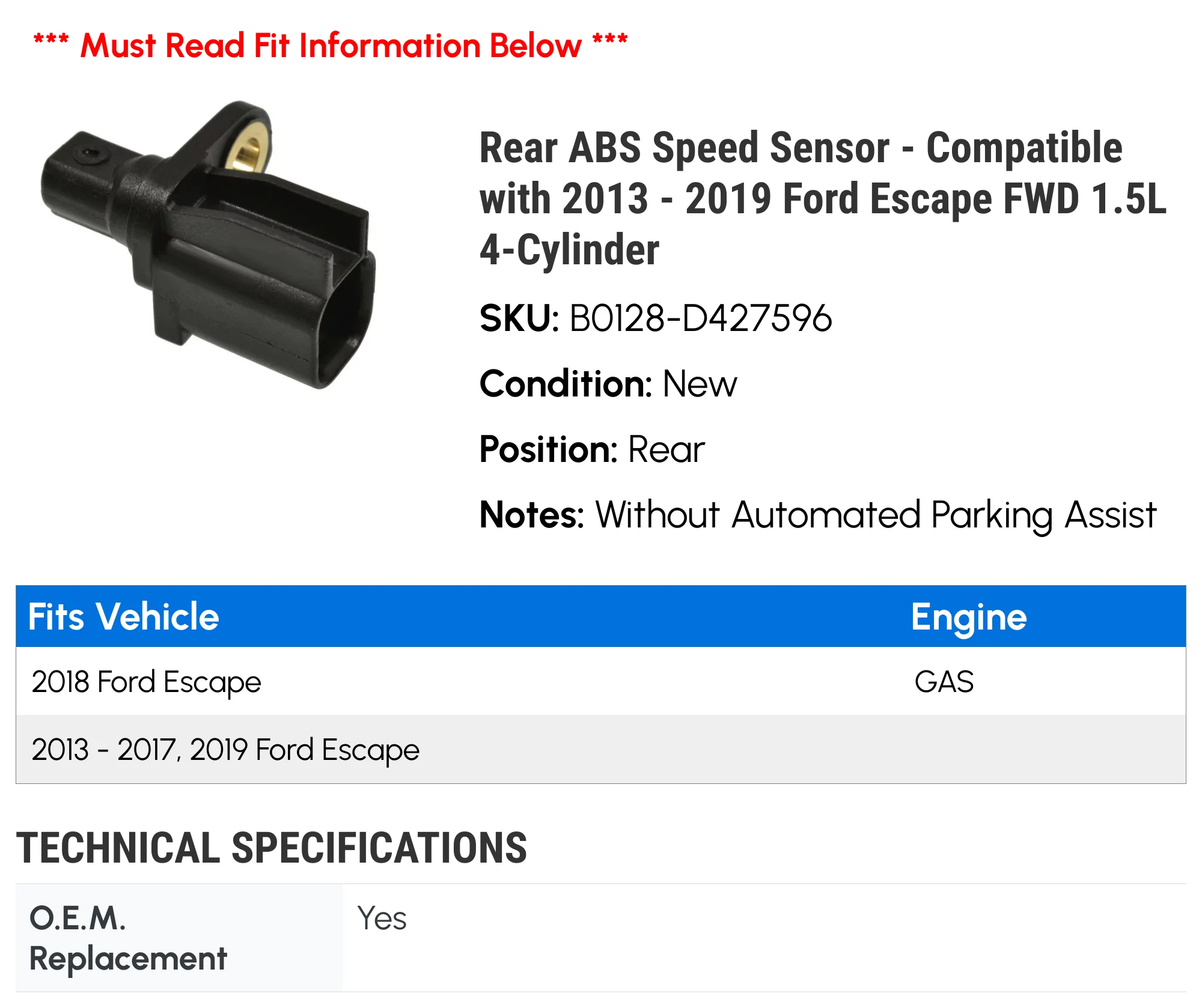 Rear ABS Speed Sensor - Compatible with 2013 - 2019 Ford Escape FWD 1.5L 4-Cylinder 2014 2015 2016 2017 2018