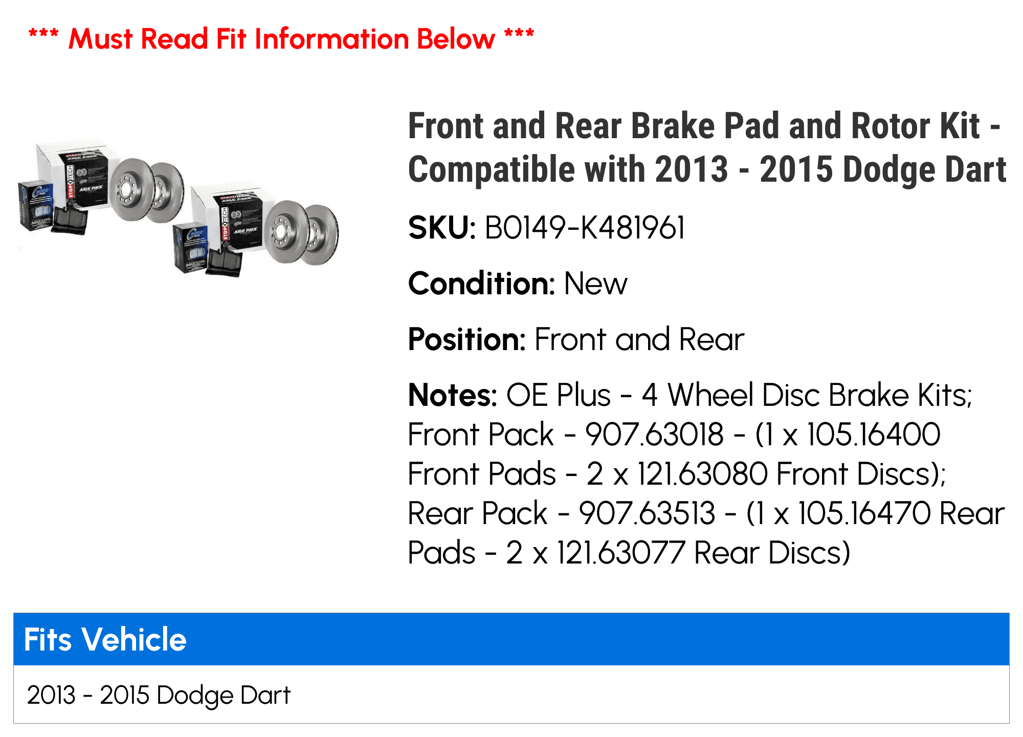 Front and Rear Brake Pad and Rotor Kit - Compatible with 2016 Dodge Dart