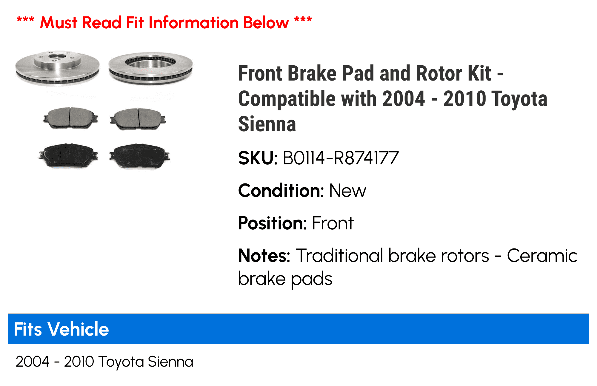 Front Brake Pad and Rotor Kit - Compatible with 2004 - 2010 Toyota Sienna 2005 2006 2007 2008 2009