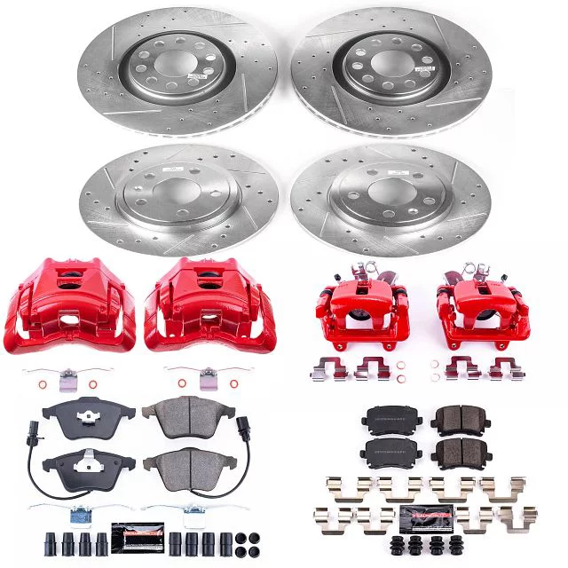 Power Stop Front and Rear Z23 Evolution Brake Pad and Rotor Kit with Red Powder Coated Calipers KC4065 Fits 2007 Audi A4