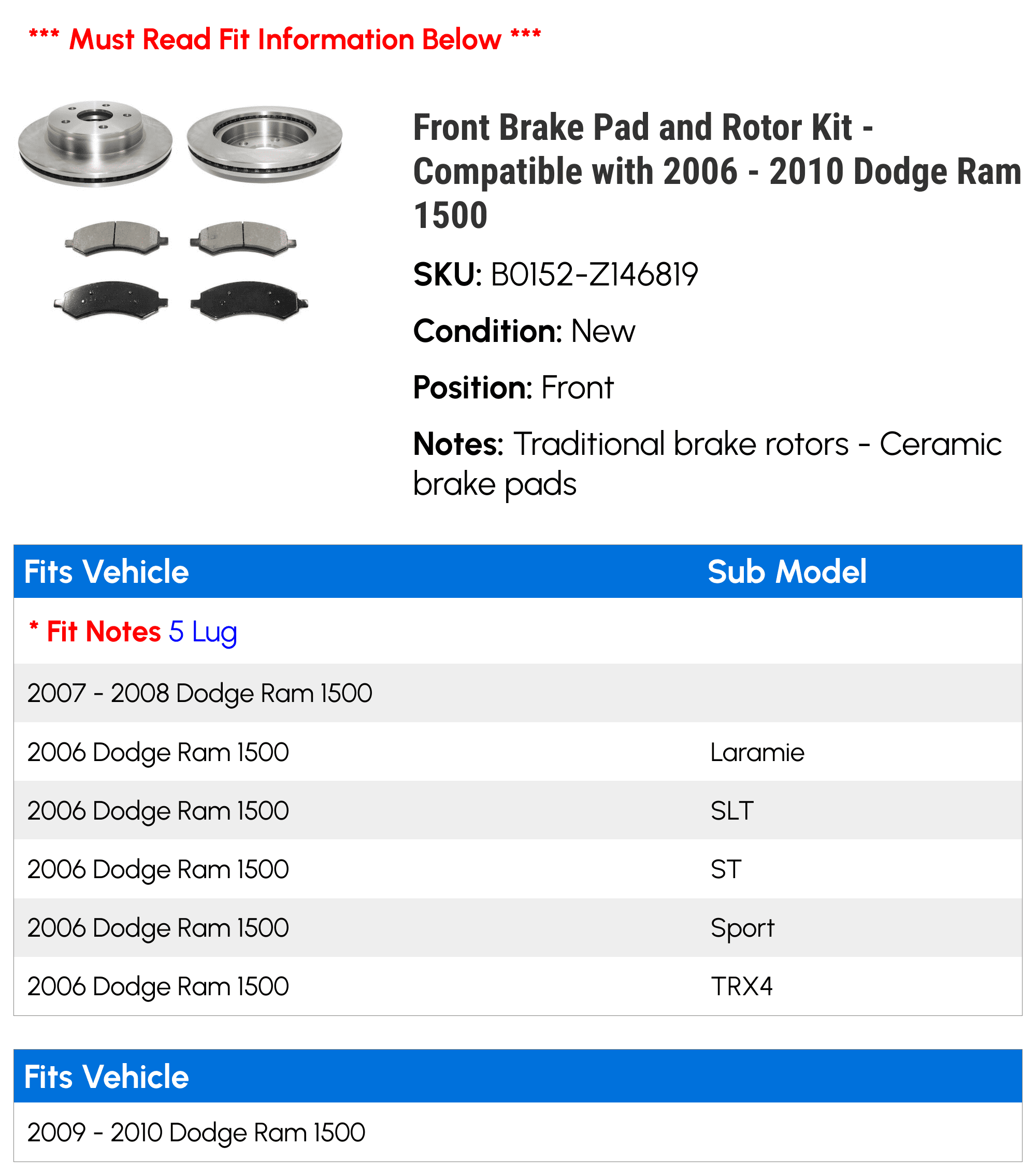 Front Brake Pad and Rotor Kit - Compatible with 2006 - 2010 Dodge Ram 1500 2007 2008 2009