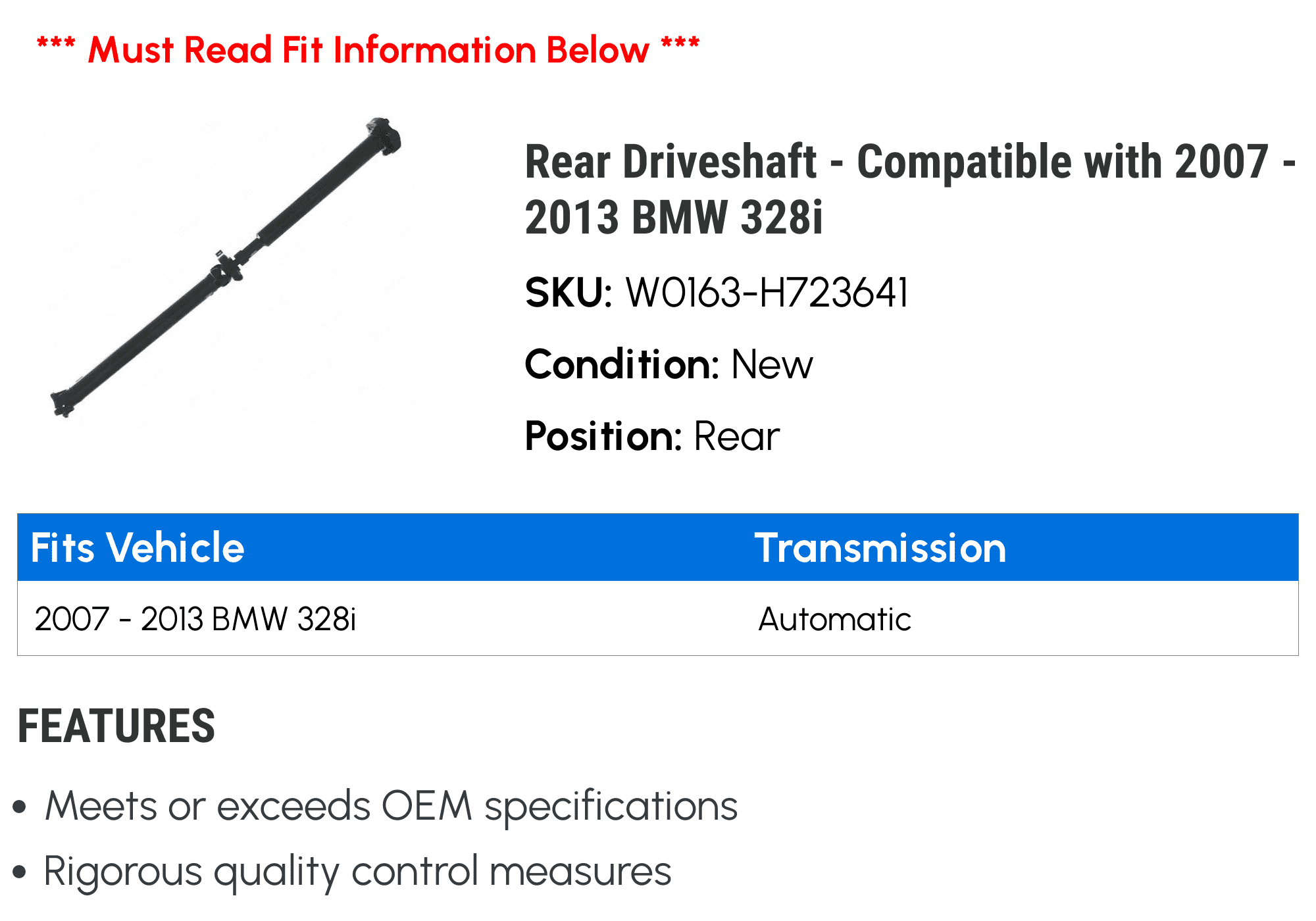 Rear Driveshaft - Compatible with 2007 - 2013 BMW 328i 2008 2009 2010 2011 2012