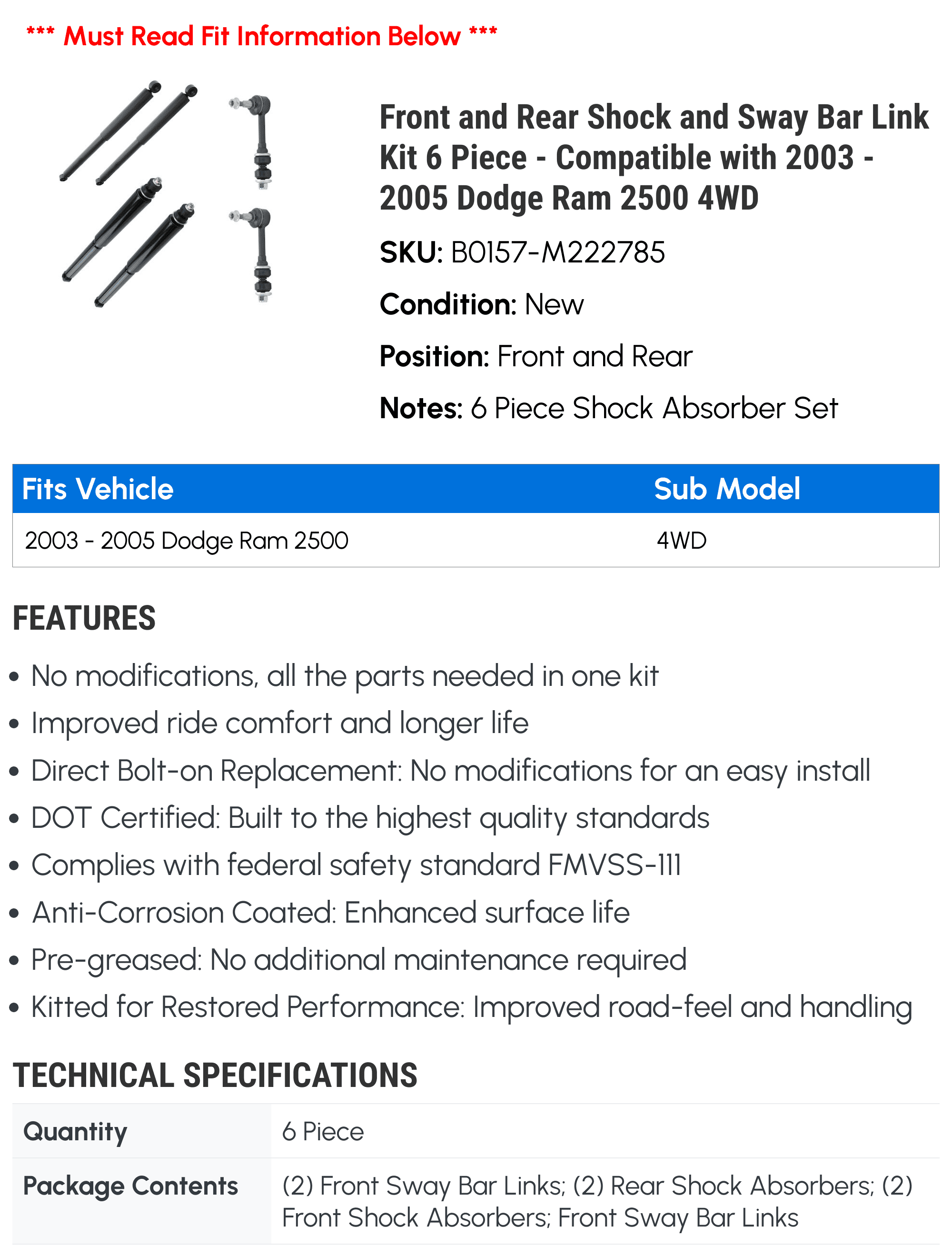 Front and Rear Shock and Sway Bar Link Kit 6 Piece - Compatible with 2003 - 2005 Dodge Ram 2500 4WD 2004