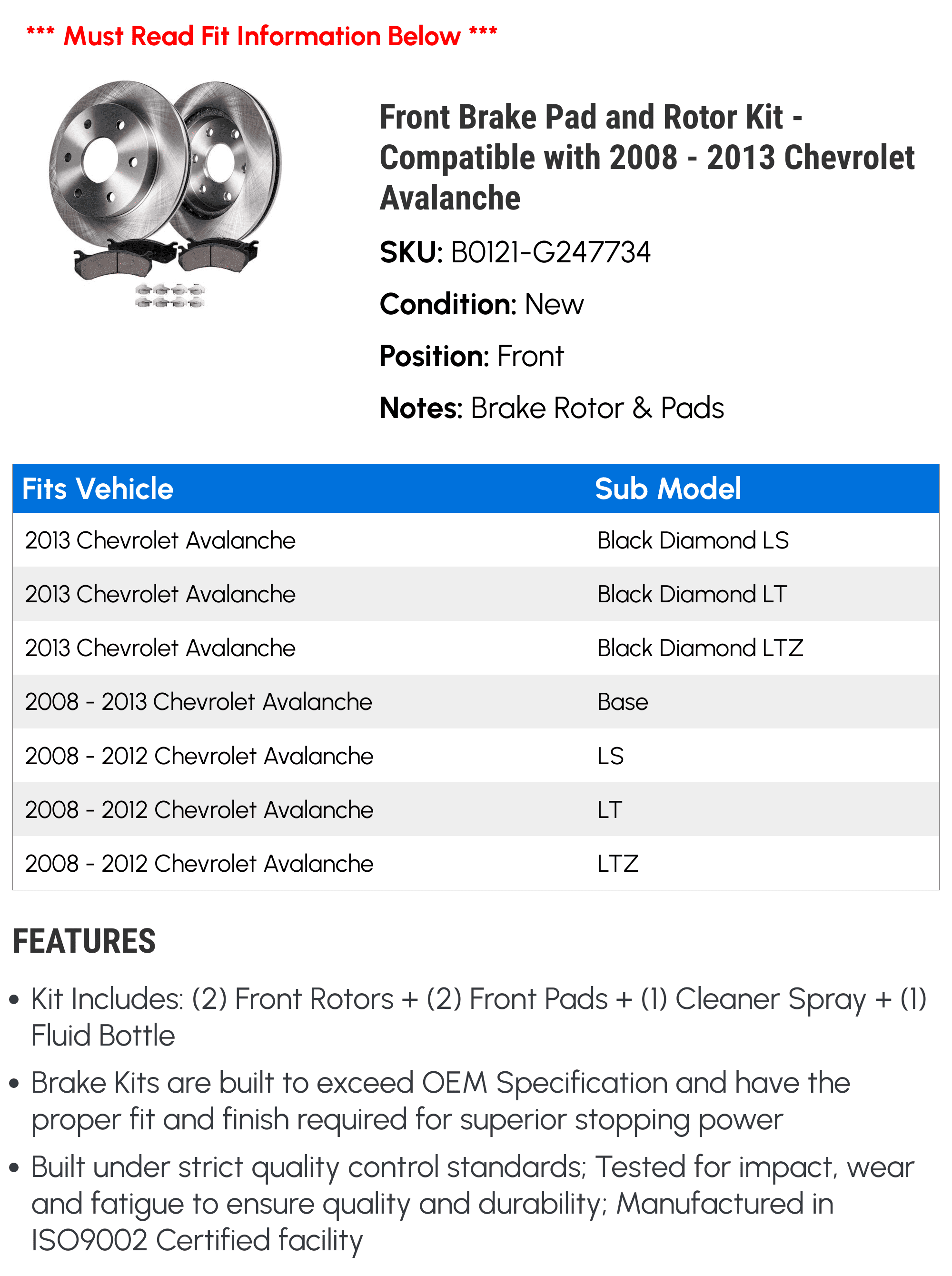 Front Brake Pad and Rotor Kit - Compatible with 2008 - 2013 Chevy Avalanche 2009 2010 2011 2012