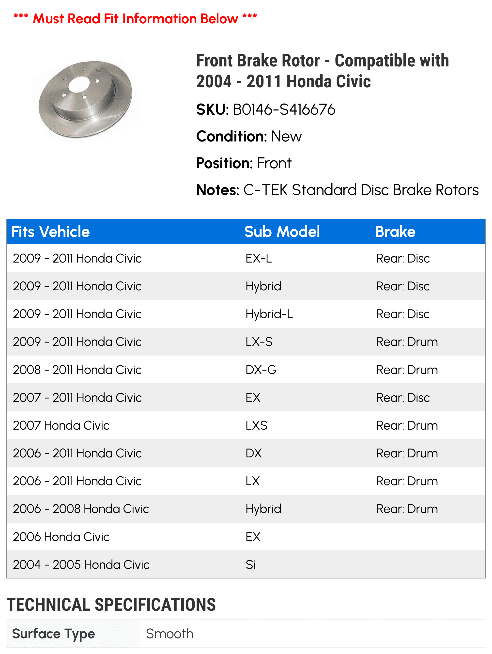 Front Brake Rotor - Compatible with 2004 - 2011 Honda Civic 2005 2006 2007 2008 2009 2010