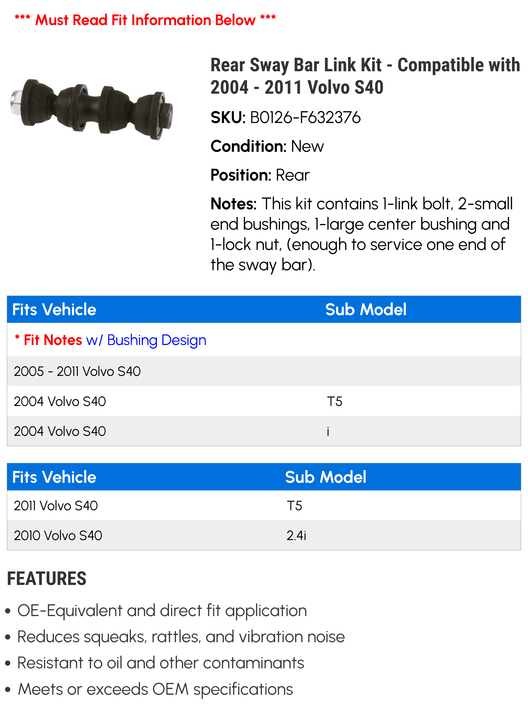 Rear Sway Bar Link Kit - Compatible with 2004 - 2011 Volvo S40 2005 2006 2007 2008 2009 2010