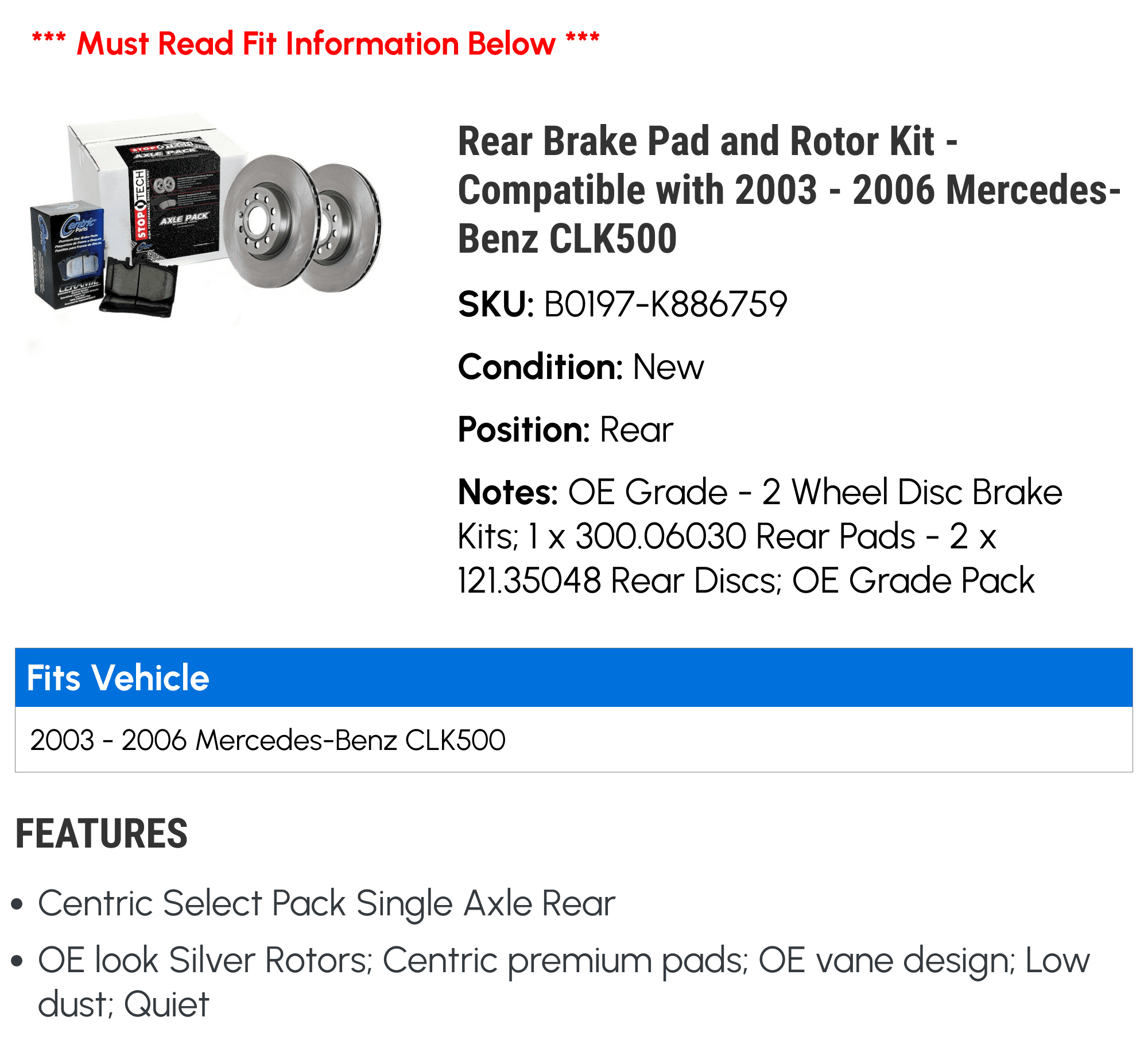 Rear Brake Pad and Rotor Kit - Compatible with 2003 - 2006 Mercedes-Benz CLK500 2004 2005