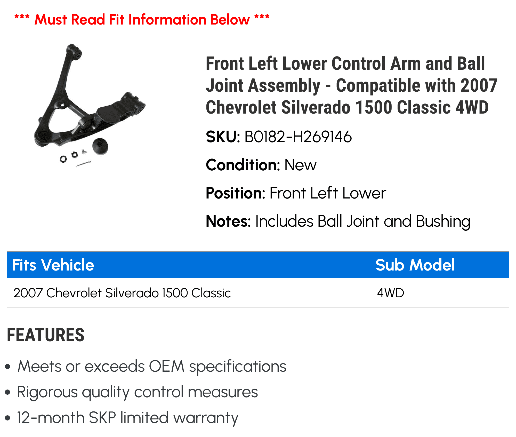 Front Left Lower Control Arm and Ball Joint Assembly - Compatible with 2007 Chevy Silverado 1500 Classic 4WD