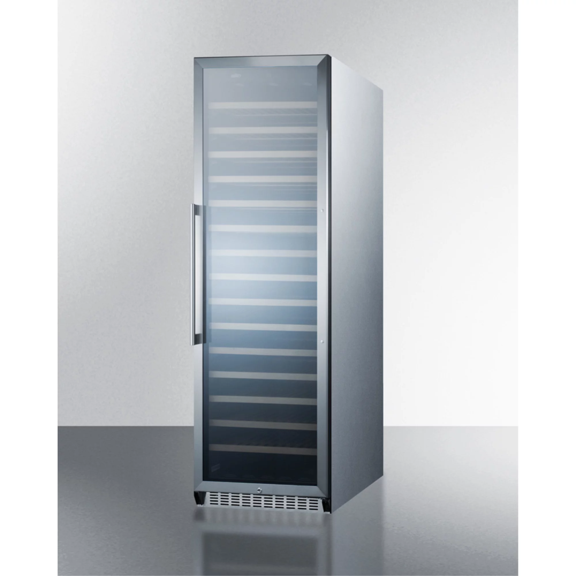 171 bottle single-zone wine cellar with glass door, digital thermostat, and stainless steel wrapped cabinet