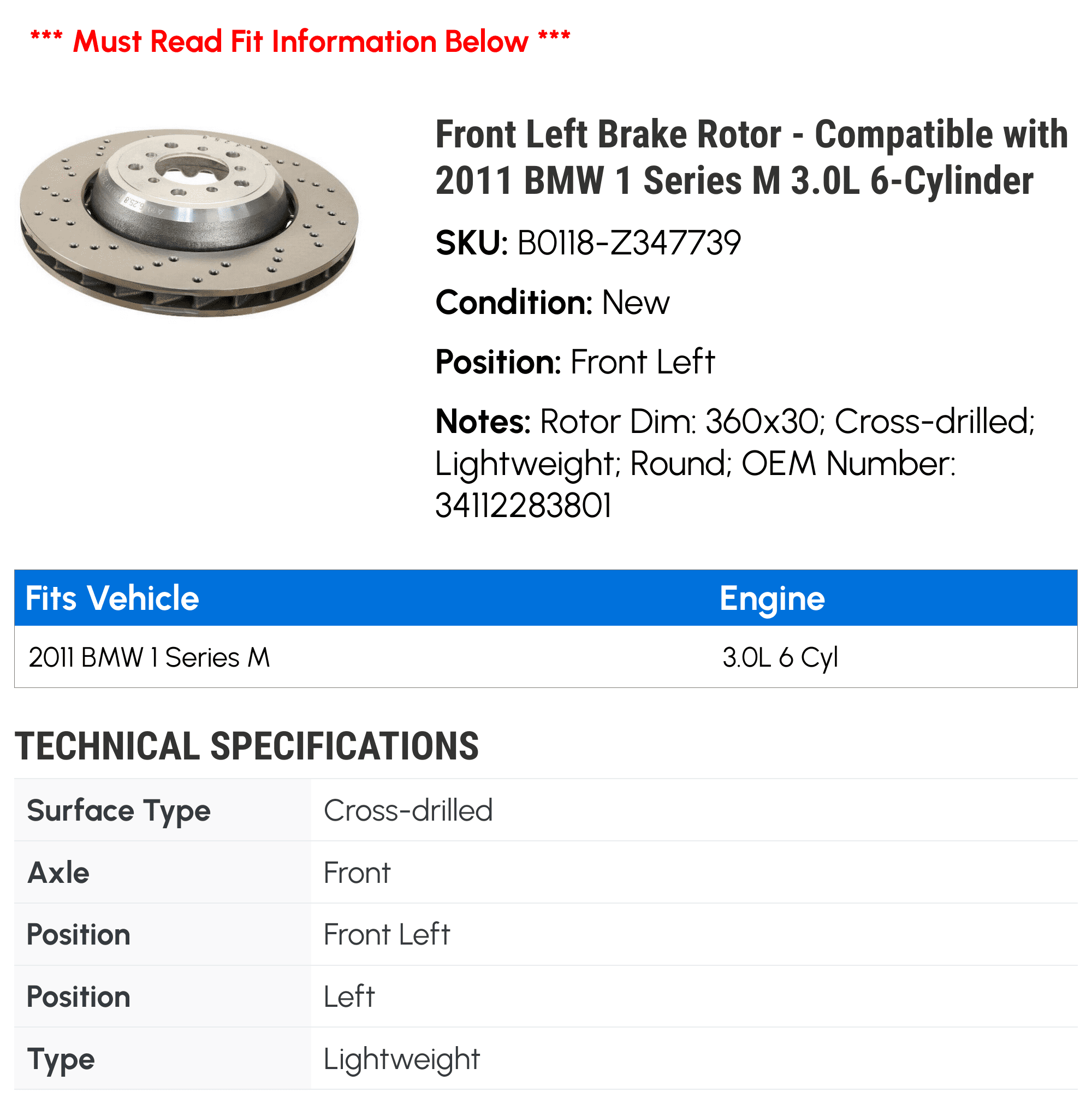 Front Left Brake Rotor - Compatible with 2011 BMW 1 Series M 3.0L 6-Cylinder