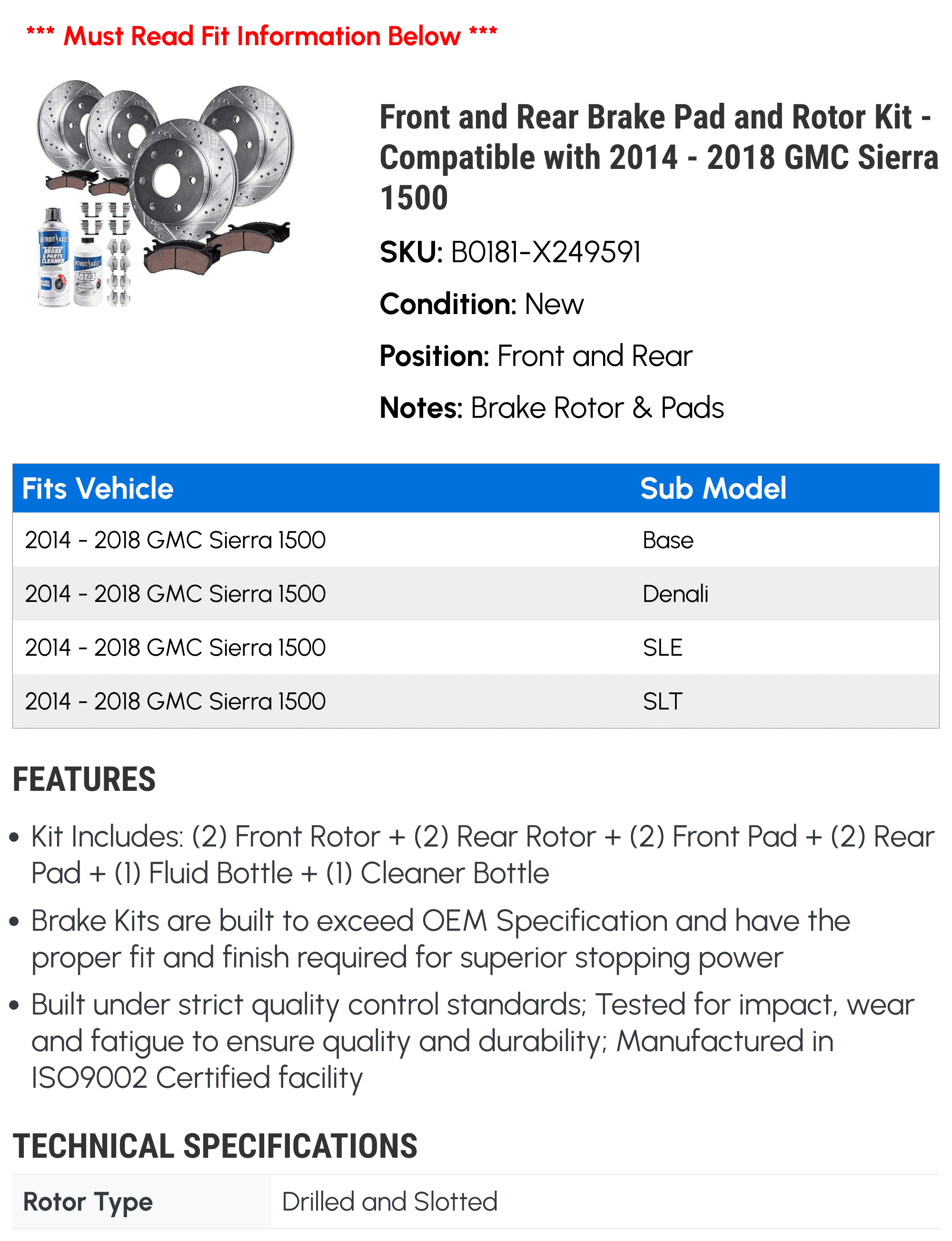 Front and Rear Brake Pad and Rotor Kit - Compatible with 2014 - 2018 GMC Sierra 1500 2015 2016 2017