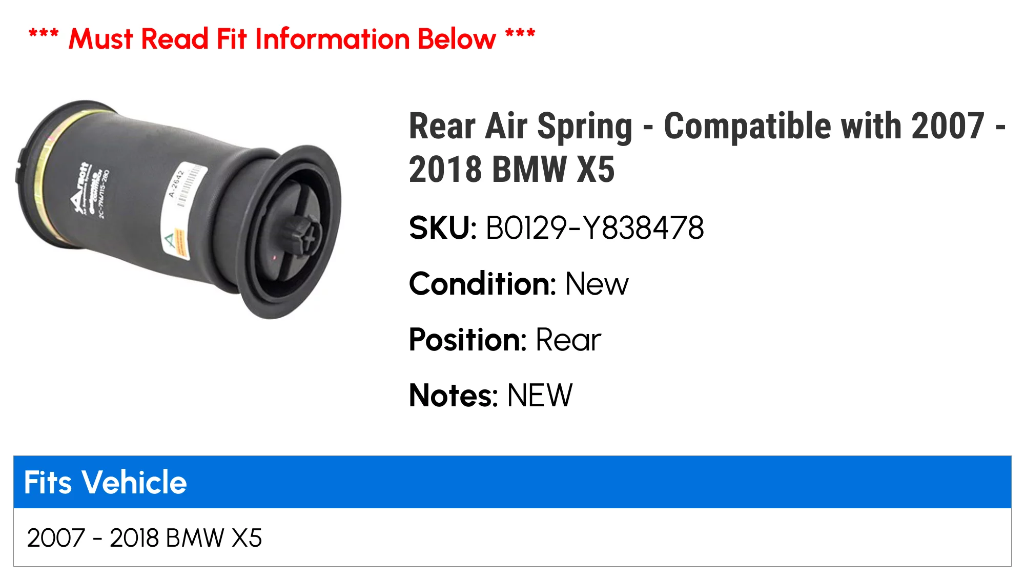 Rear Air Spring - Compatible with 2007 - 2018 BMW X5 2008 2009 2010 2011 2012 2013 2014 2015 2016 2017