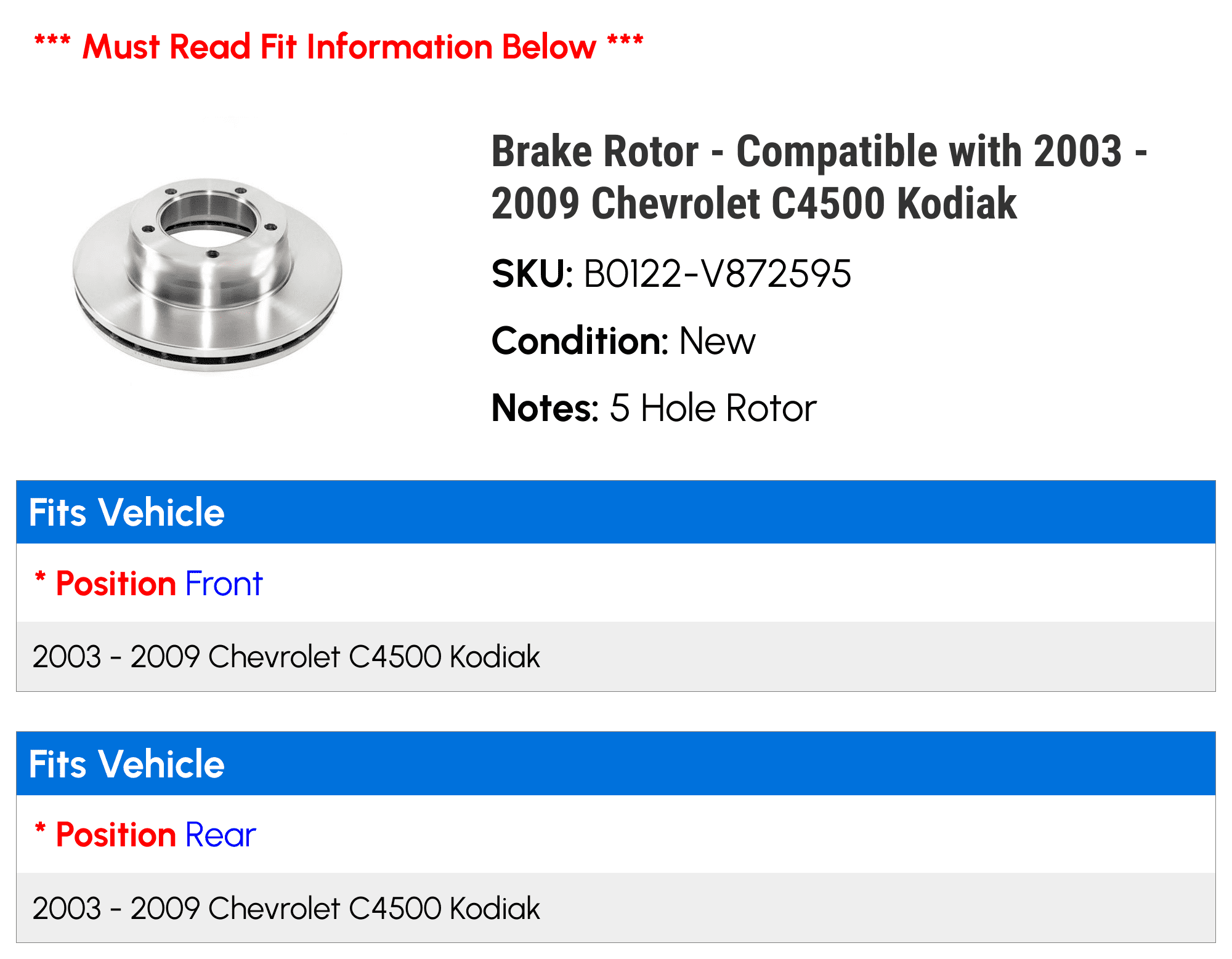 Brake Rotor - Compatible with 2003 - 2009 Chevy C4500 Kodiak 2004 2005 2006 2007 2008