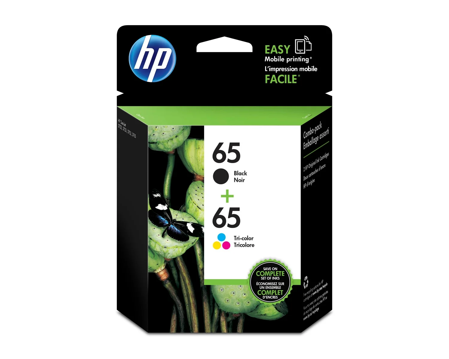 HP 65 2-pack Black/Tri-color Original Ink Cartridges, ~120 pages, T0A36AN#140