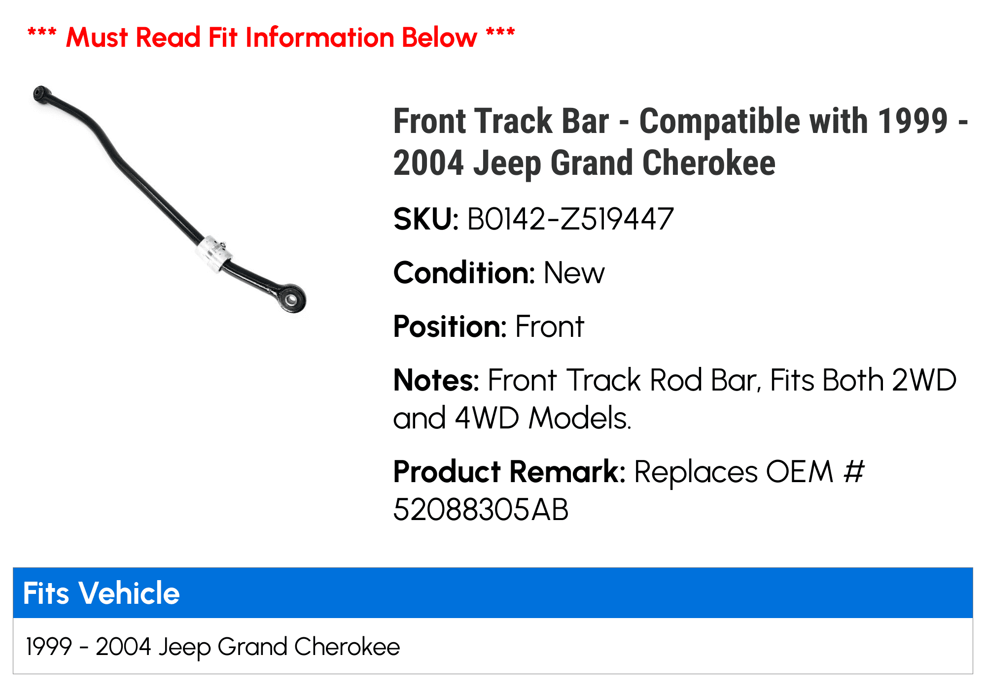 Front Track Bar - Compatible with 1999 - 2004 Jeep Grand Cherokee 2000 2001 2002 2003