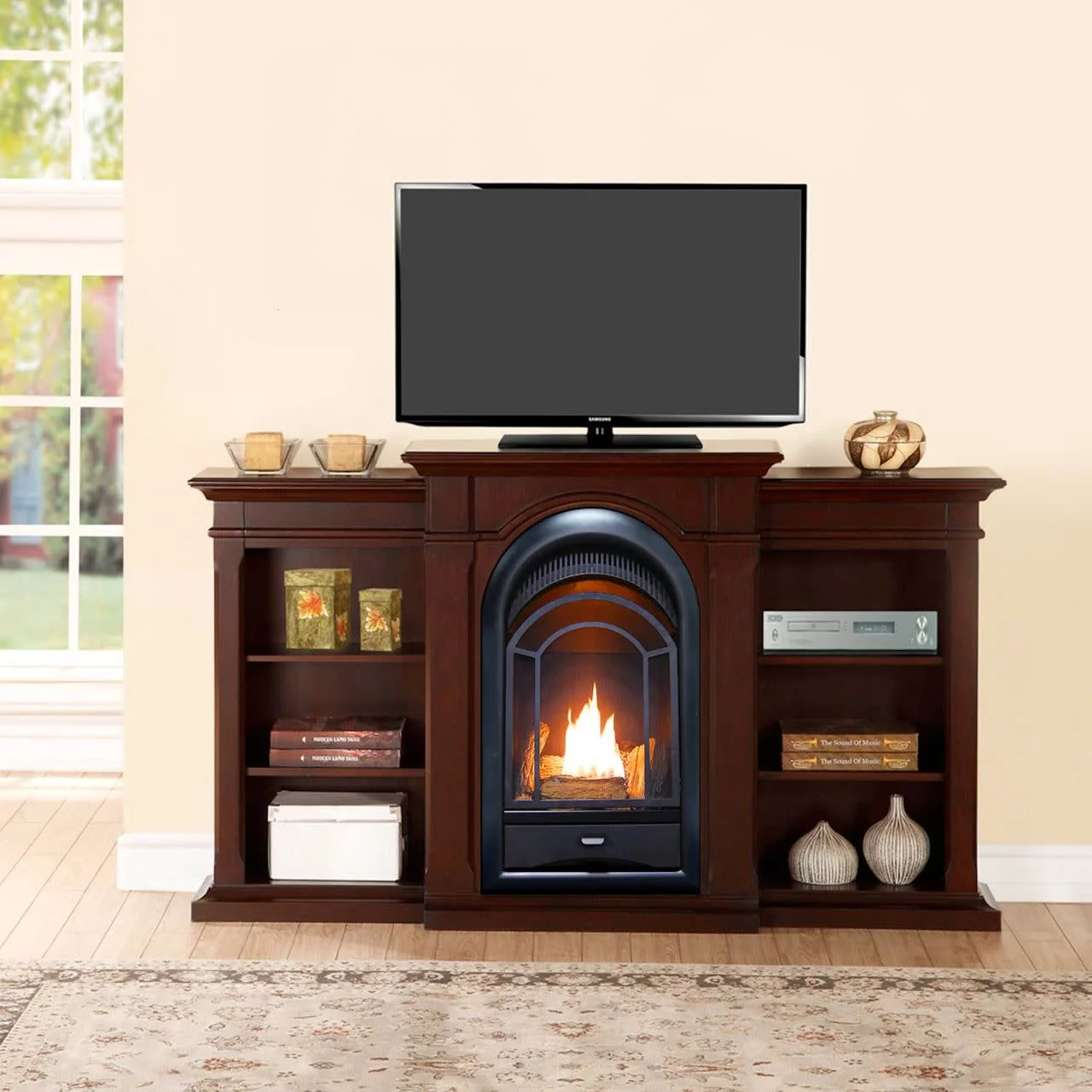 ProCom FS100T-CBS Ventless Fireplace System 10K BTU Duel Fuel Thermostat Insert and Chocolate Mantel with Shelves