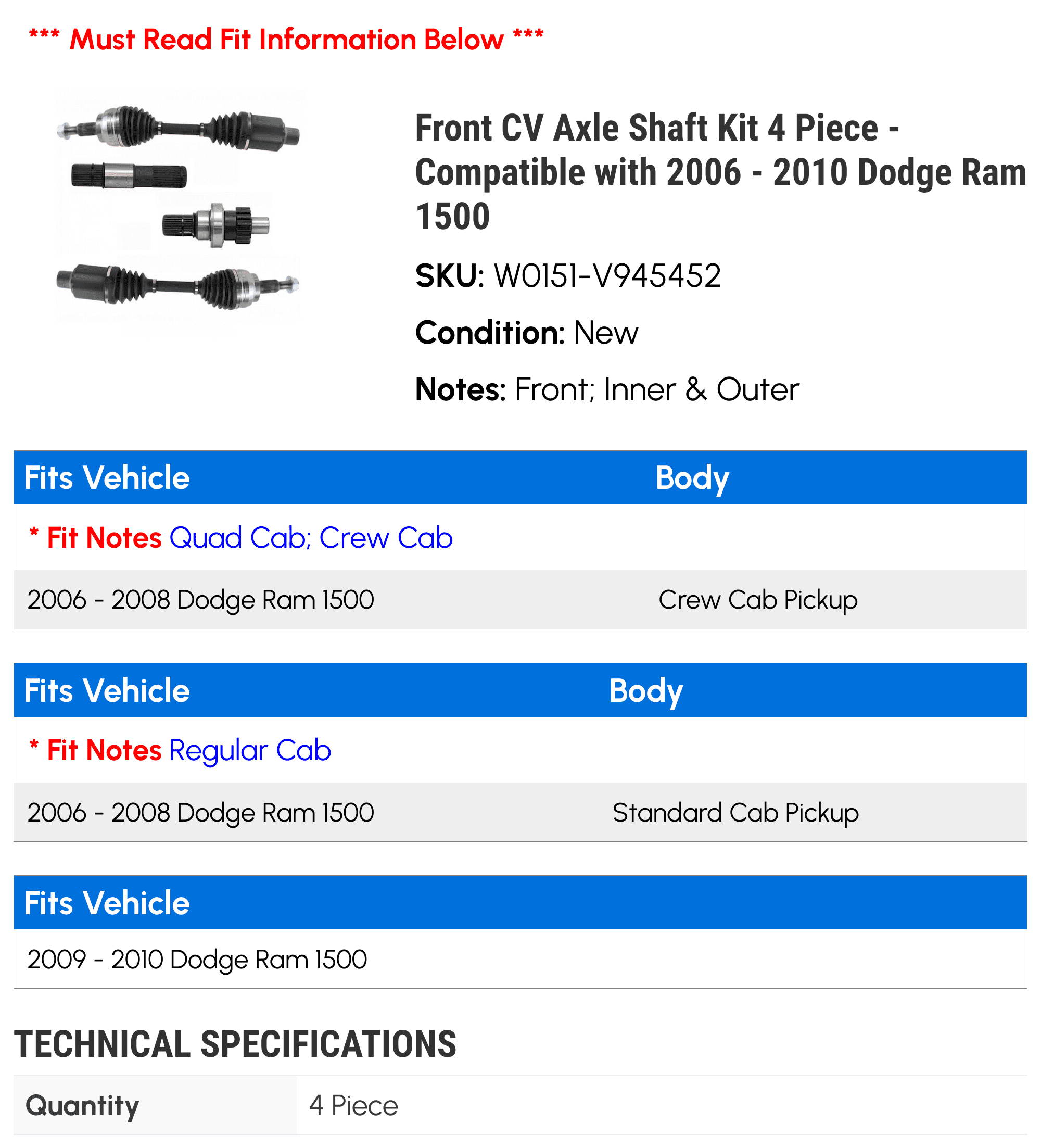 Front Inner and Outer CV Axle Shaft Kit - 4 Piece - Compatible with 2006 - 2010 Dodge Ram 1500 2007 2008 2009