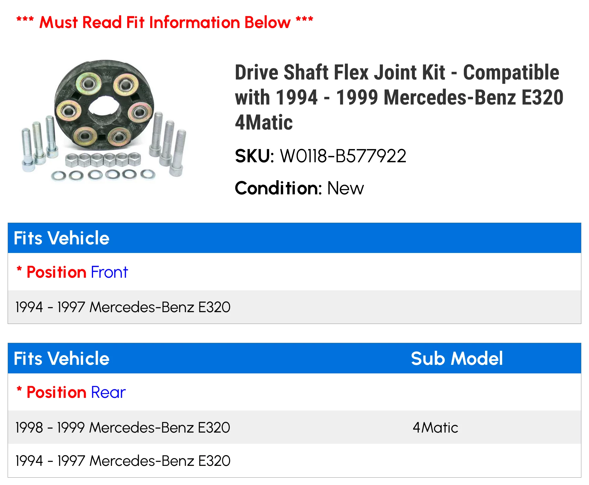 Drive Shaft Flex Joint Kit - Compatible with 1994 - 1999 Mercedes-Benz E320 4Matic 1995 1996 1997 1998