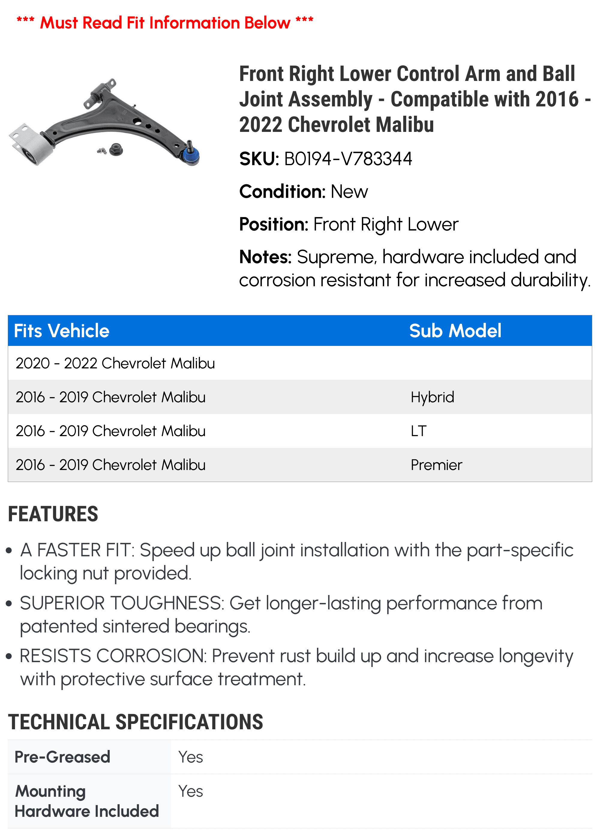 Front Right Lower Control Arm and Ball Joint Assembly - Compatible with 2016 - 2022 Chevy Malibu 2017 2018 2019 2020 2021