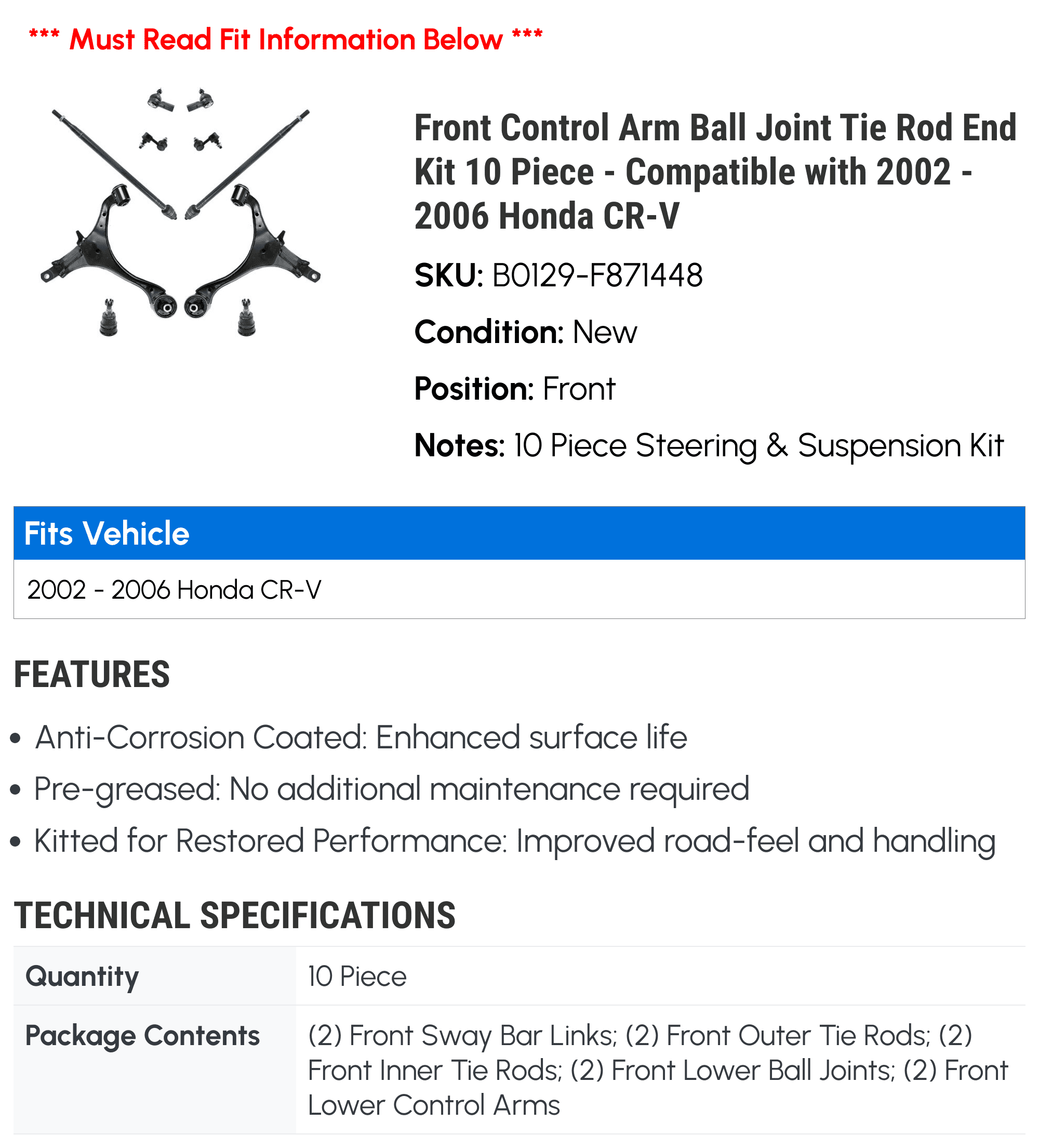 Front Control Arm Ball Joint Tie Rod End Kit 10 Piece - Compatible with 2002 - 2006 Honda CR-V 2003 2004 2005