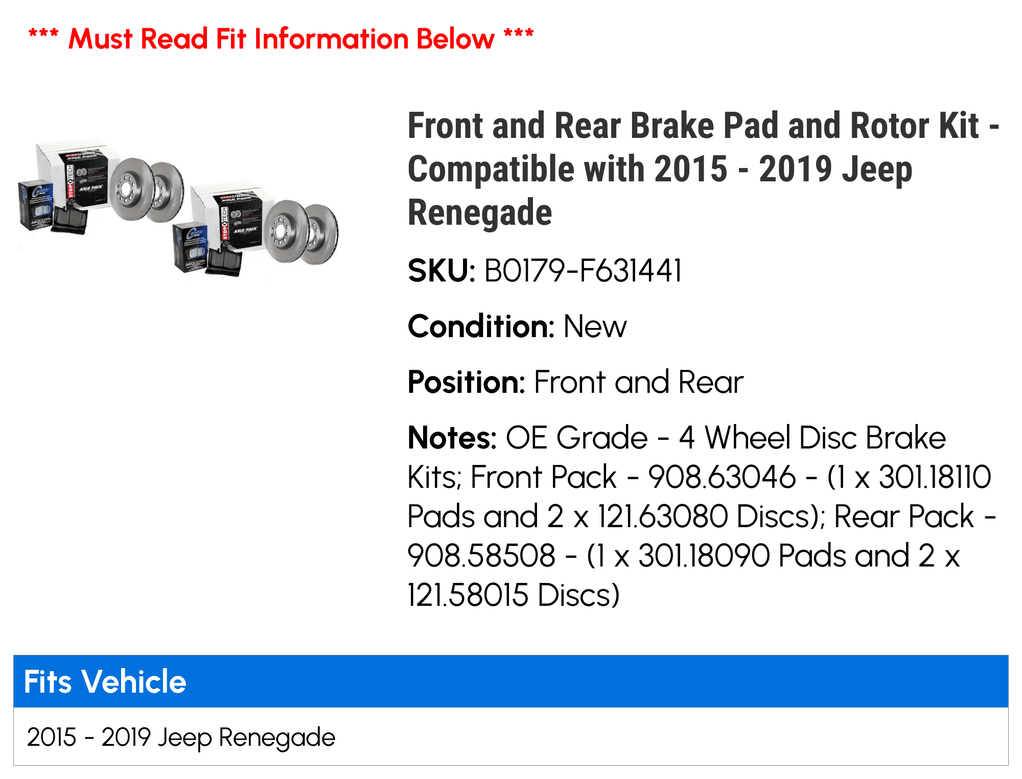 Front and Rear Brake Pad and Rotor Kit - Compatible with 2015 - 2019 Jeep Renegade 2016 2017 2018