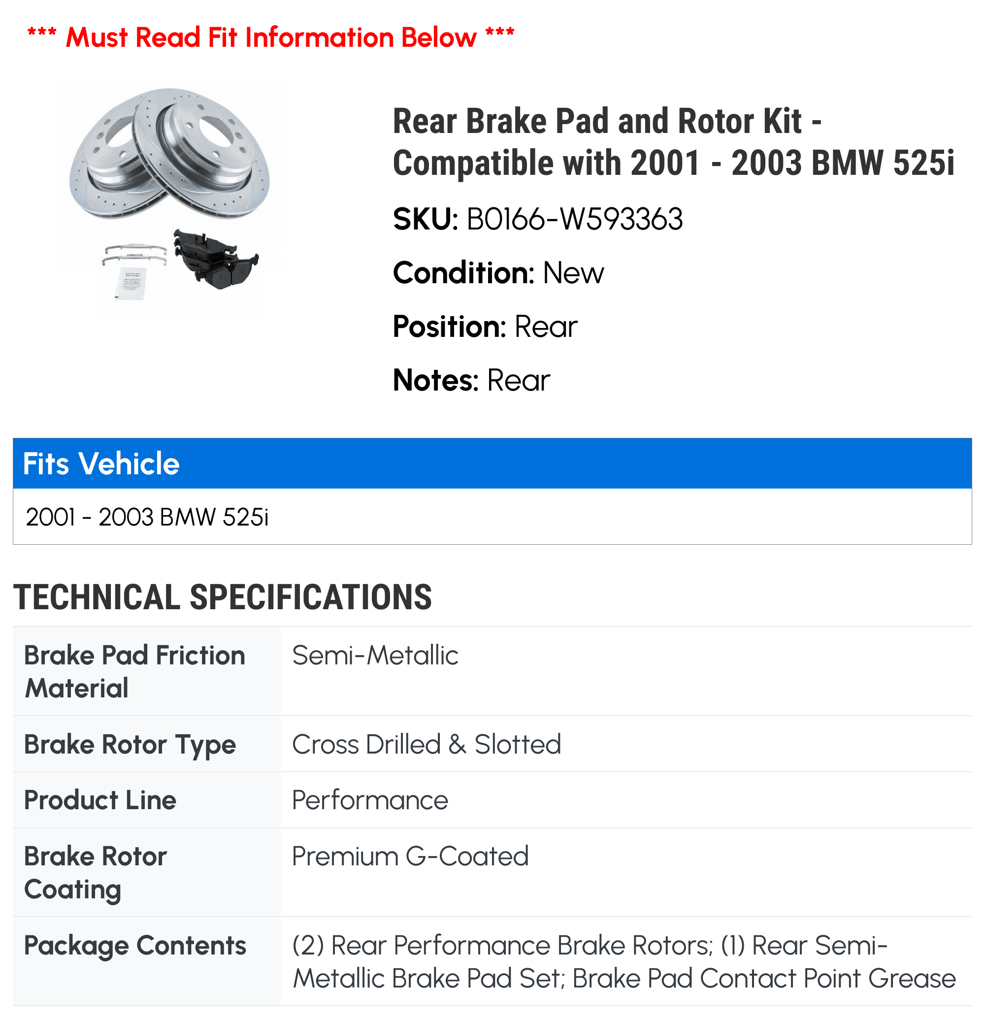 Rear Brake Pad and Rotor Kit - Compatible with 2001 - 2003 BMW 525i 2002