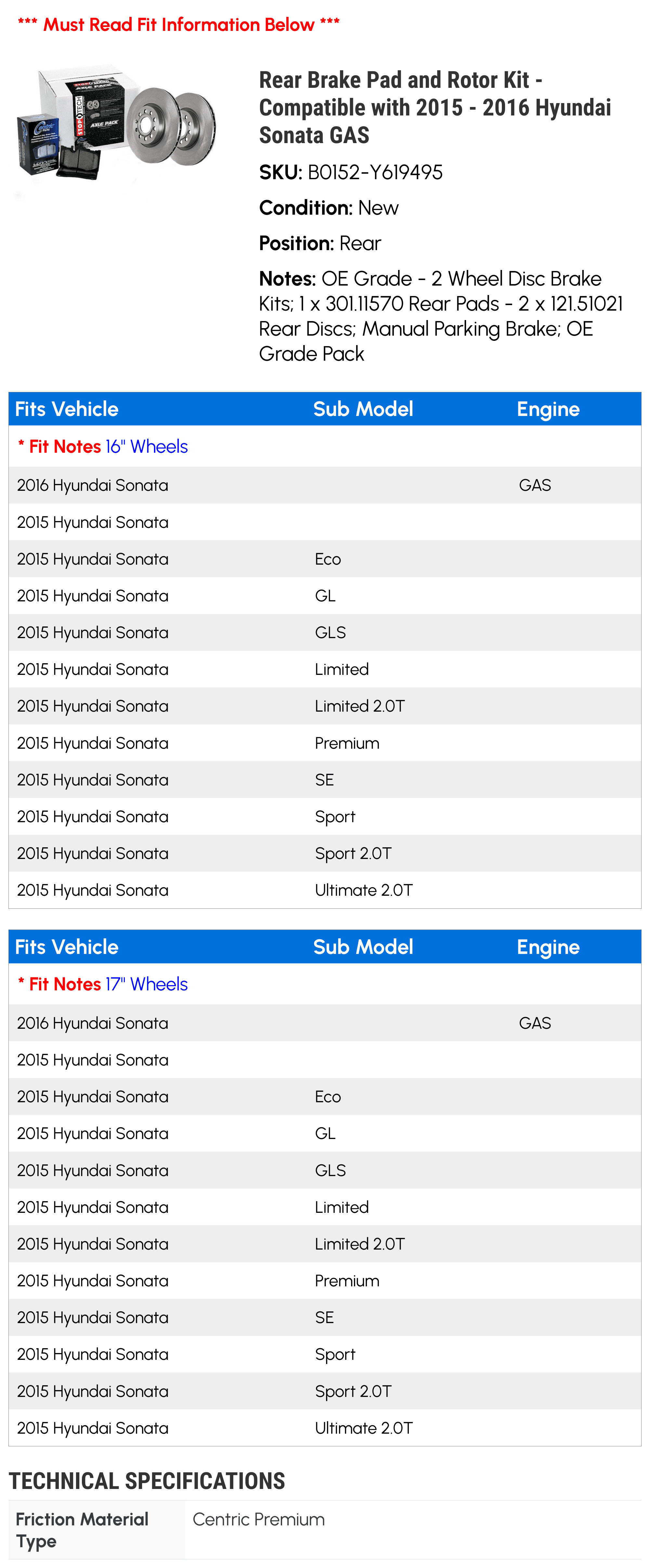 Rear Brake Pad and Rotor Kit - Compatible with 2015 - 2016 Hyundai Sonata GAS