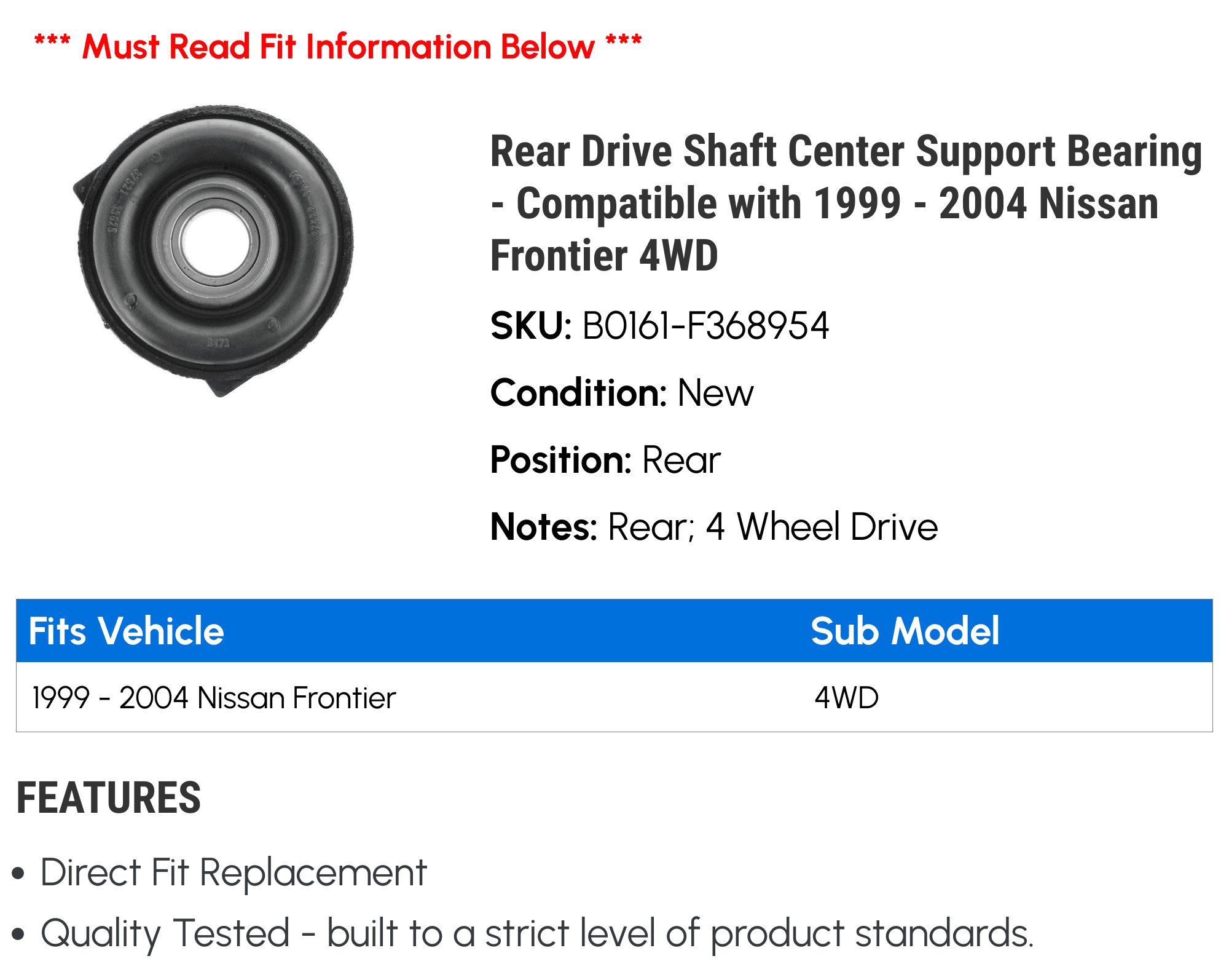Rear Drive Shaft Center Support Bearing - Compatible with 1999 - 2004 Nissan Frontier 4WD 2000 2001 2002 2003