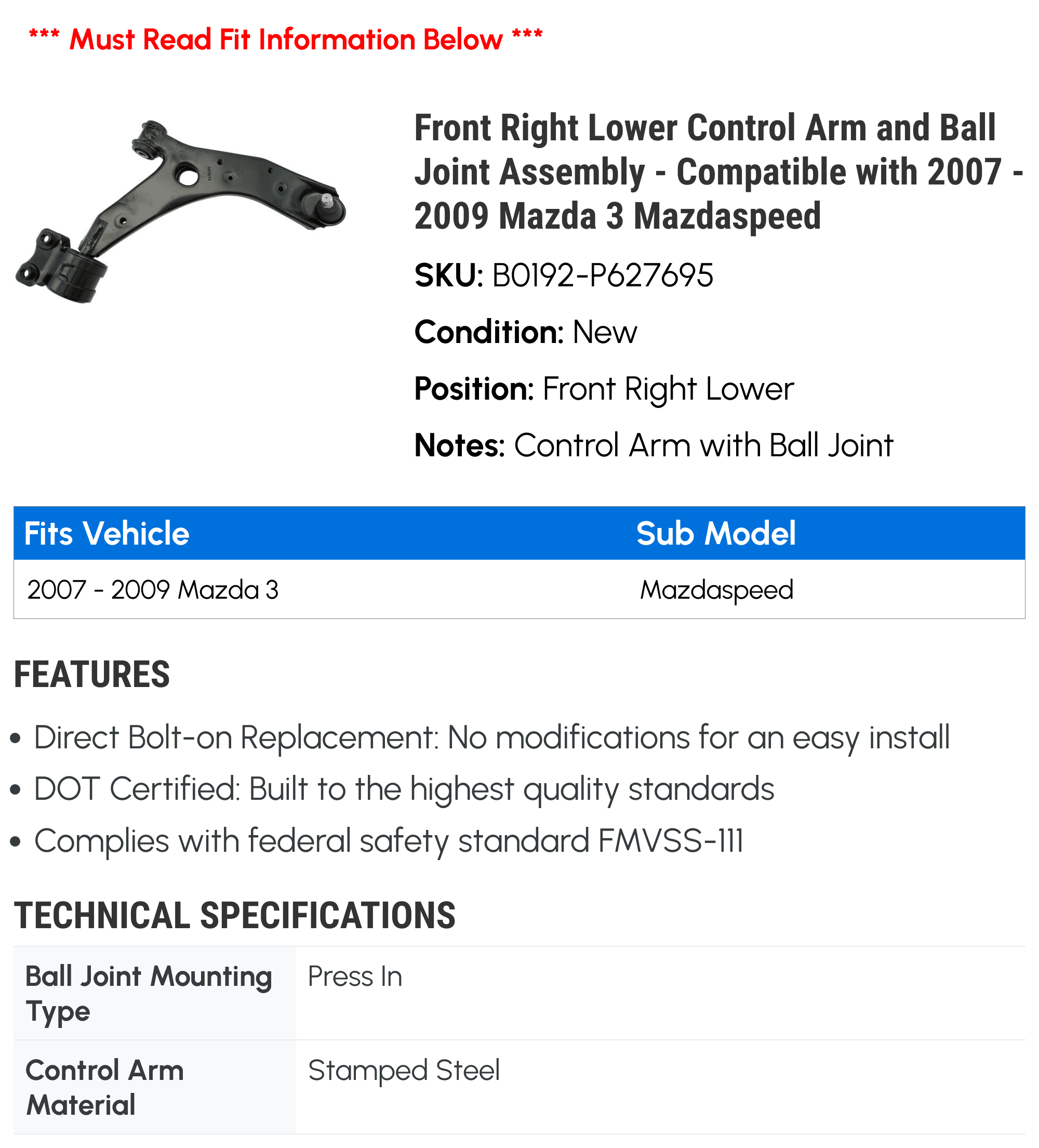 Front Right Lower Control Arm and Ball Joint Assembly - Compatible with 2007 - 2009 Mazda 3 Mazdaspeed 2008