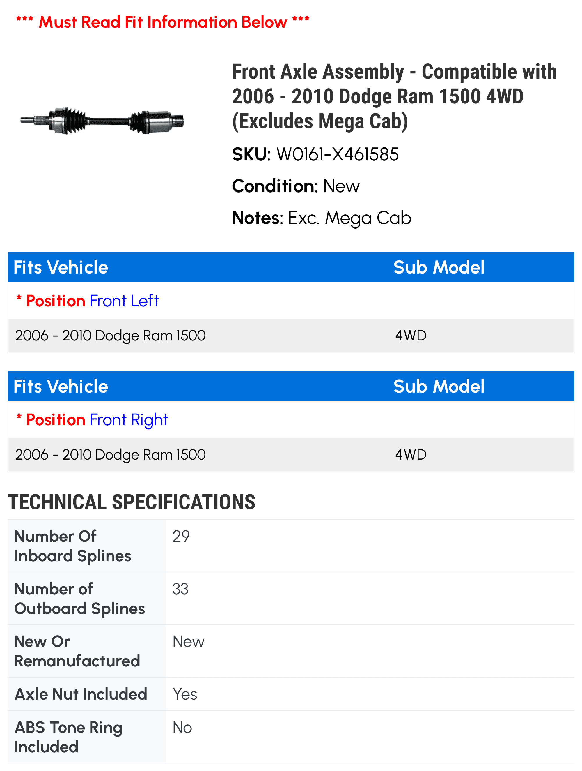 Front Axle Assembly - Compatible with 2006 - 2010 Dodge Ram 1500 4WD (Excludes Mega Cab) 2007 2008 2009
