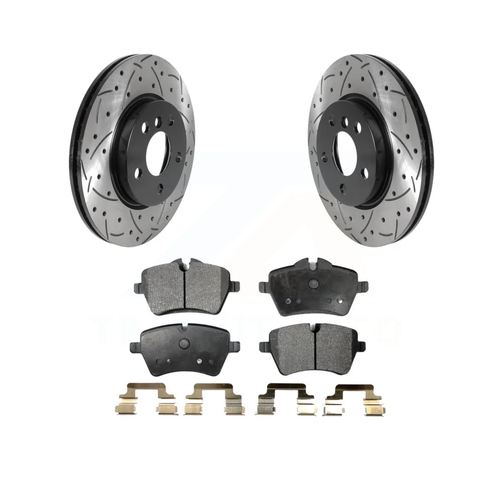 Transit Auto - Front Coated Drilled Slotted Disc Brake Rotors And Ceramic Pads Kit For Mini Cooper KDT-100803