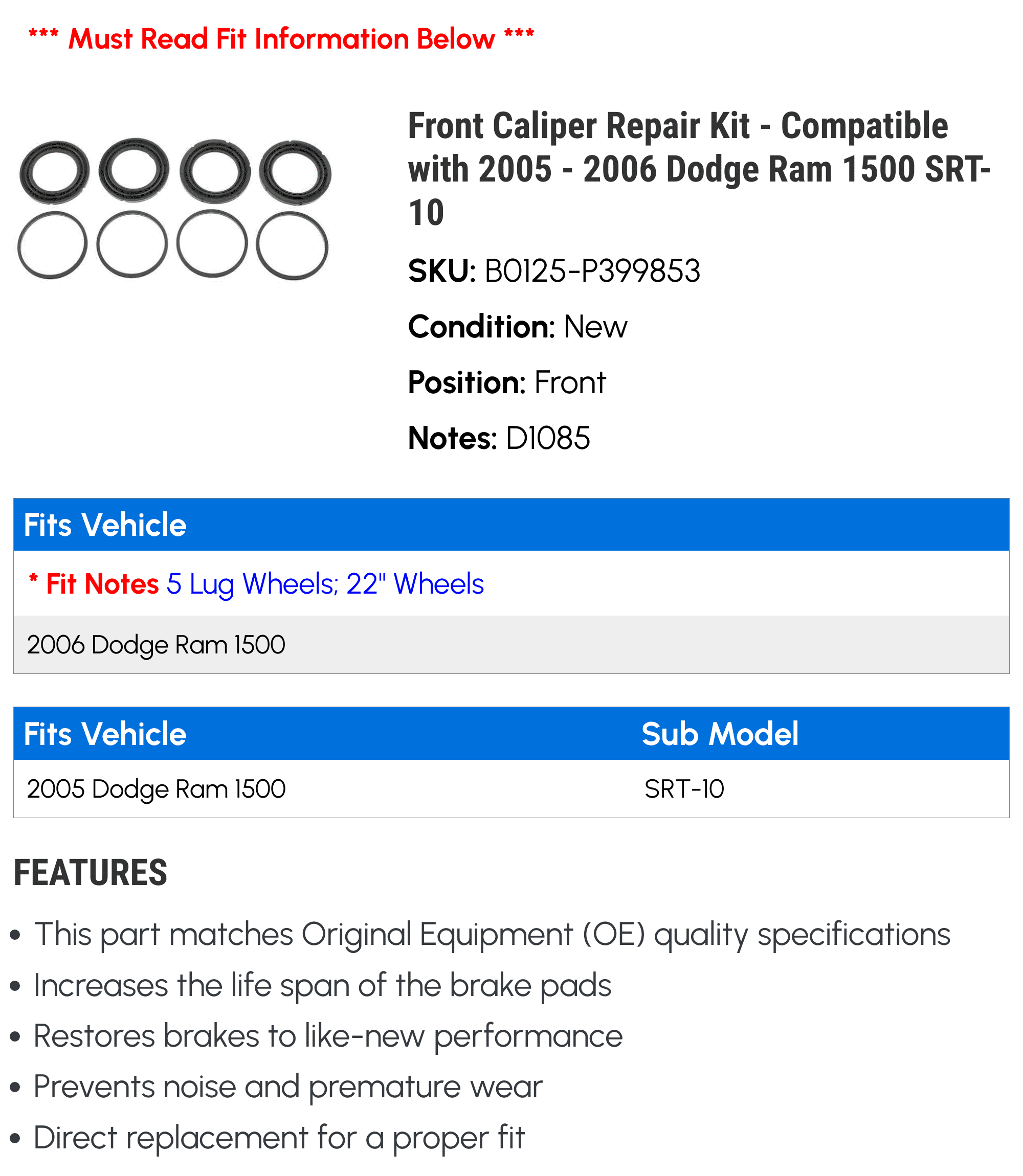 Front Caliper Repair Kit - Compatible with 2005 - 2006 Dodge Ram 1500 S.R.T-10