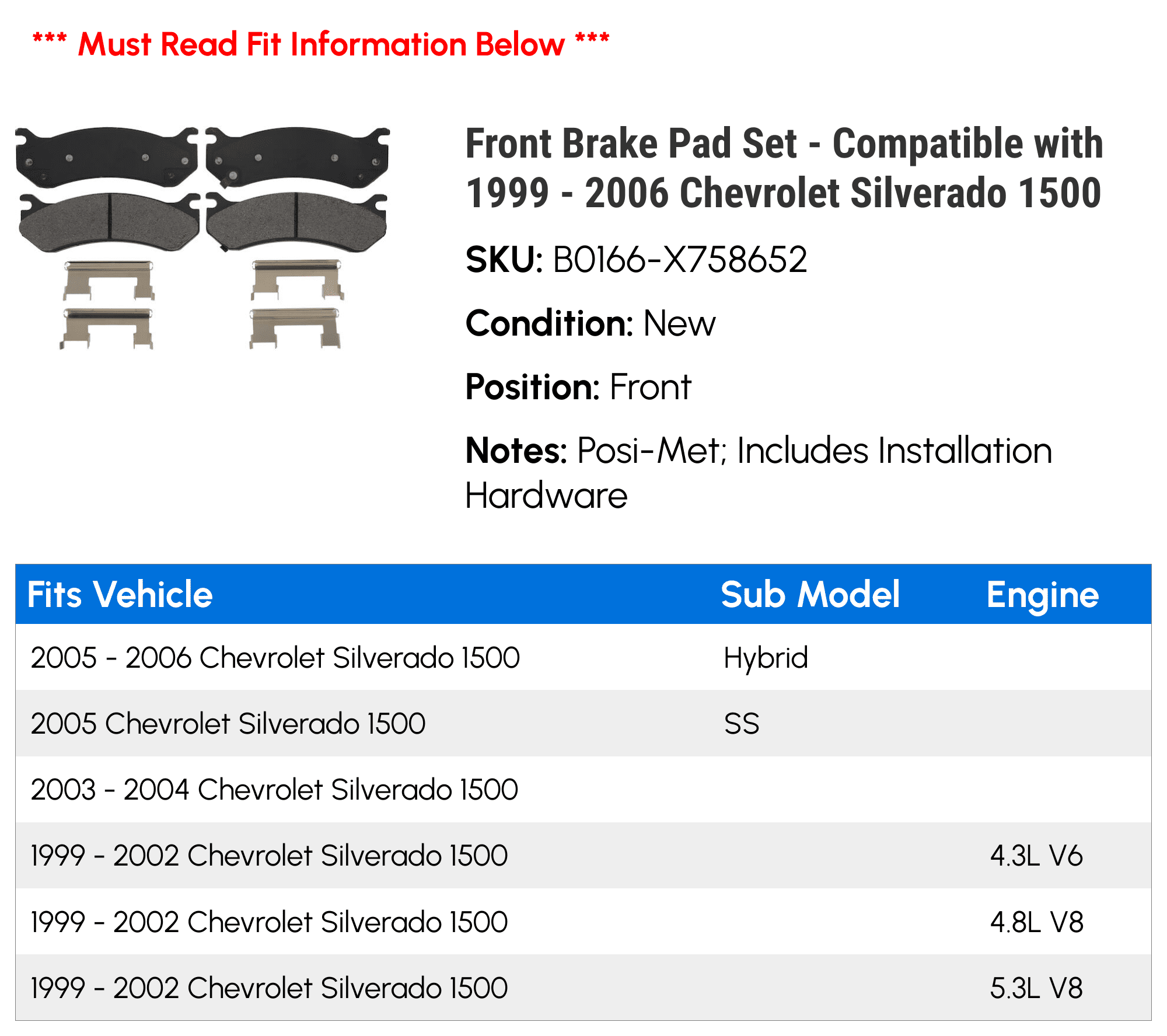 Front Brake Pad Set - Compatible with 1999 - 2006 Chevy Silverado 1500 2000 2001 2002 2003 2004 2005
