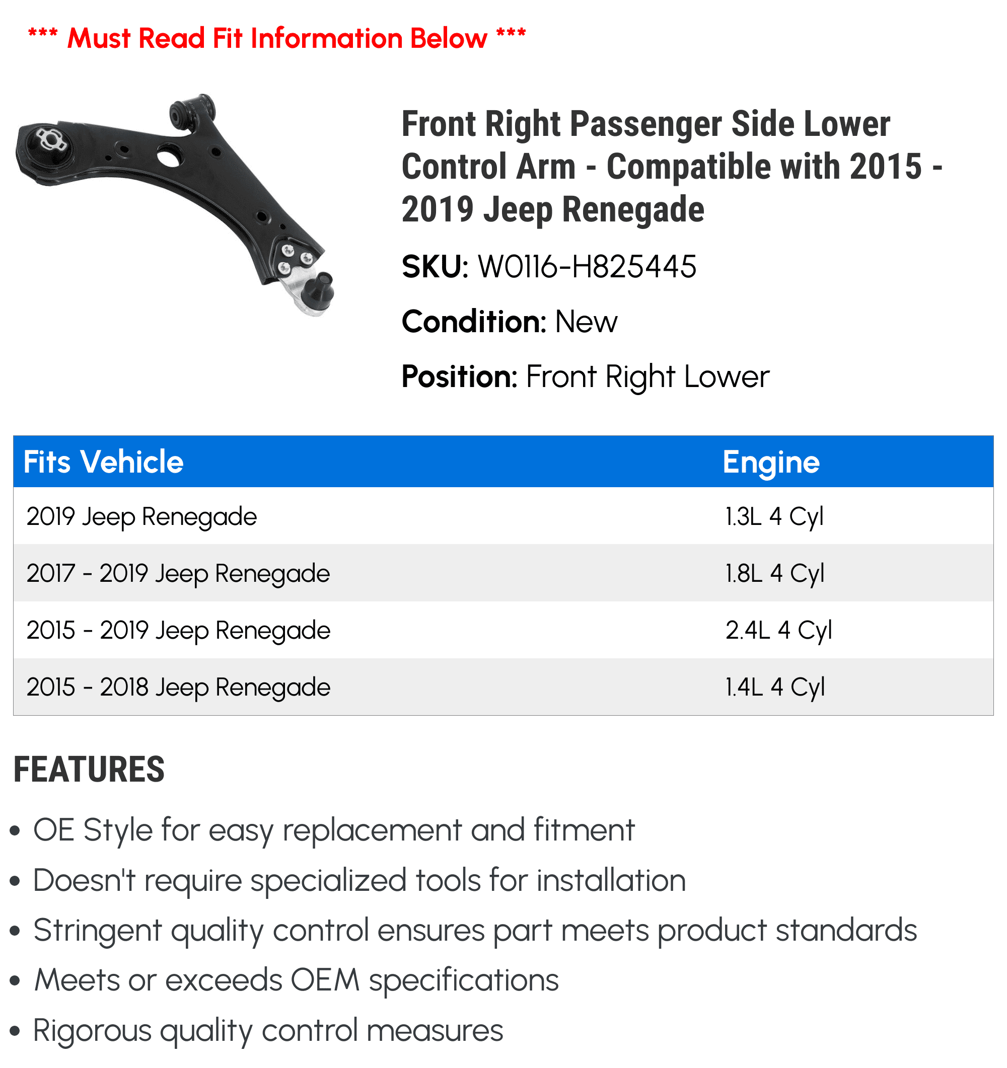 Front Right Passenger Side Lower Control Arm - Compatible with 2015 - 2019 Jeep Renegade 2016 2017 2018