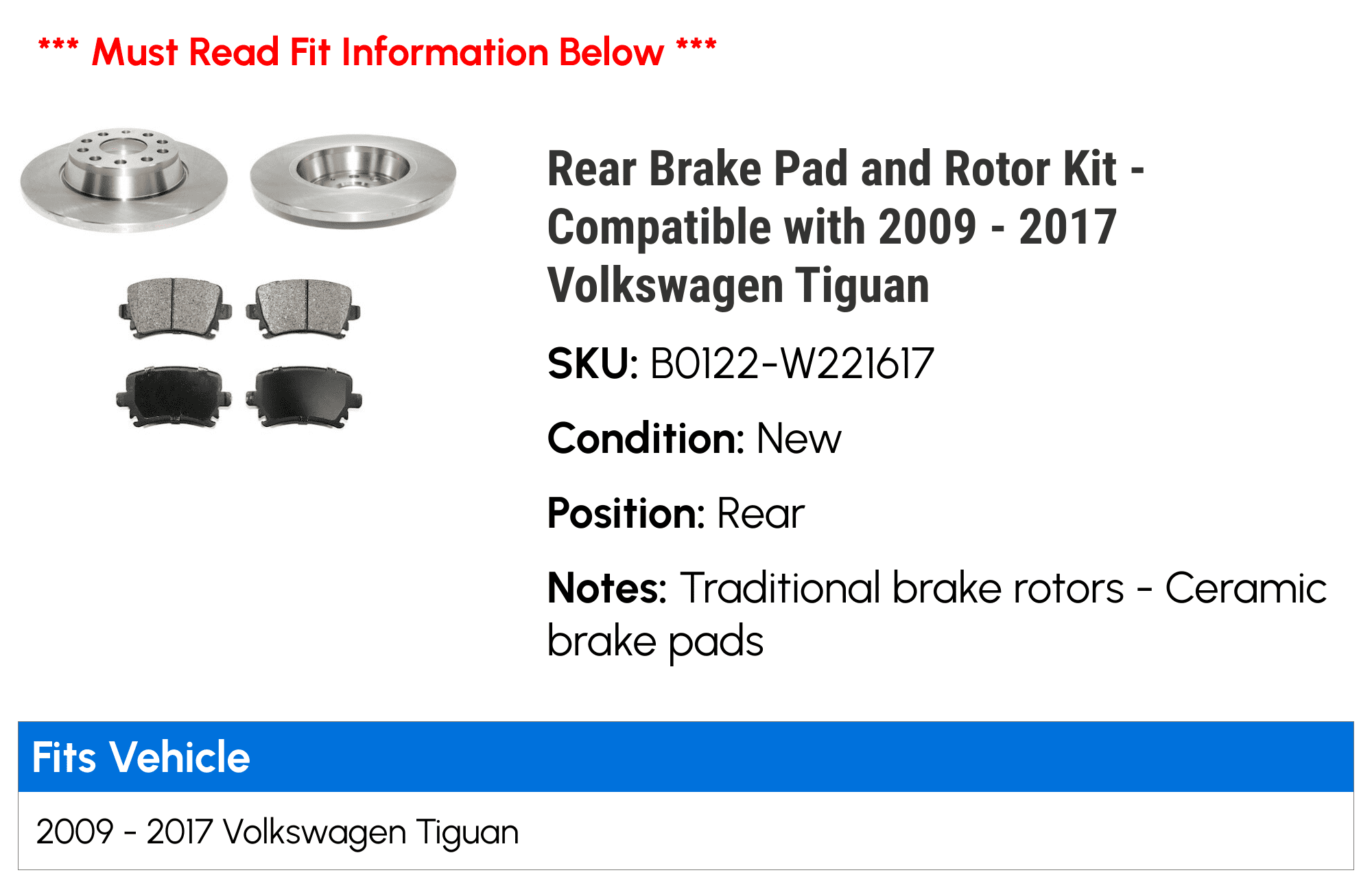 Rear Brake Pad and Rotor Kit - Compatible with 2009 - 2017 Volkswagen Tiguan 2010 2011 2012 2013 2014 2015 2016