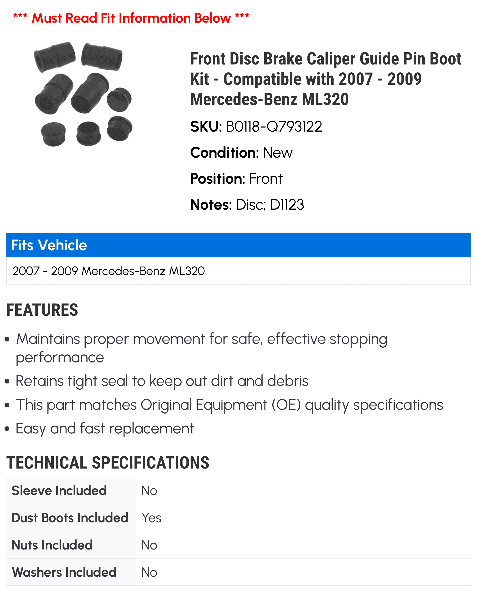 Front Disc Brake Caliper Guide Pin Boot Kit - Compatible with 2007 - 2009 Mercedes-Benz ML320 2008