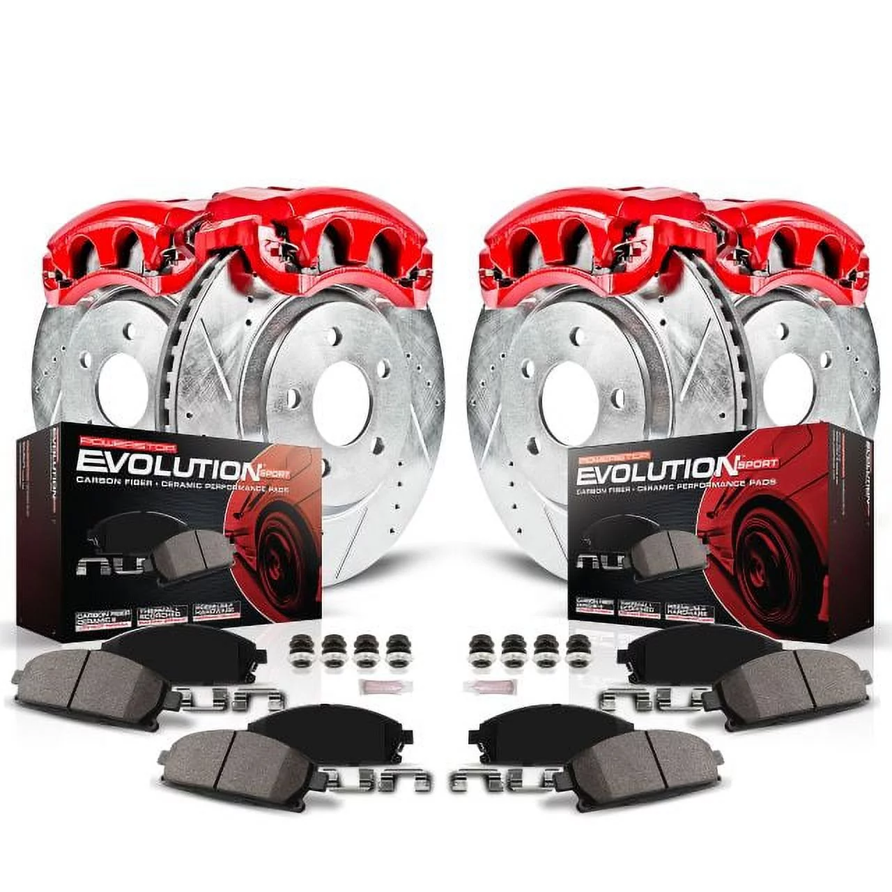 Power Stop Front and Rear Z23 Evolution Brake Pad and Rotor Kit with Red Powder Coated Calipers KC1381