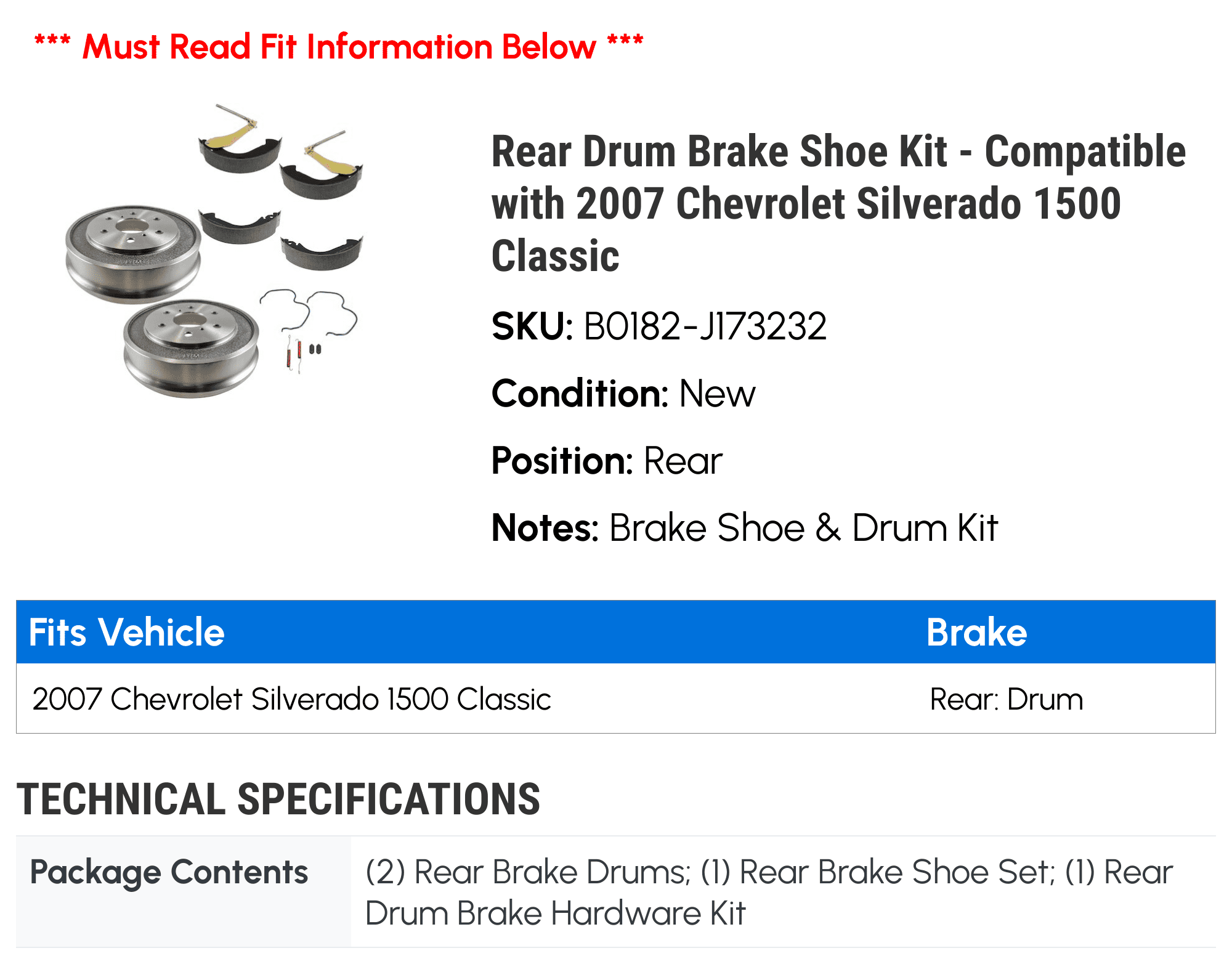 Rear Drum Brake Shoe Kit - Compatible with 2007 Chevy Silverado 1500 Classic