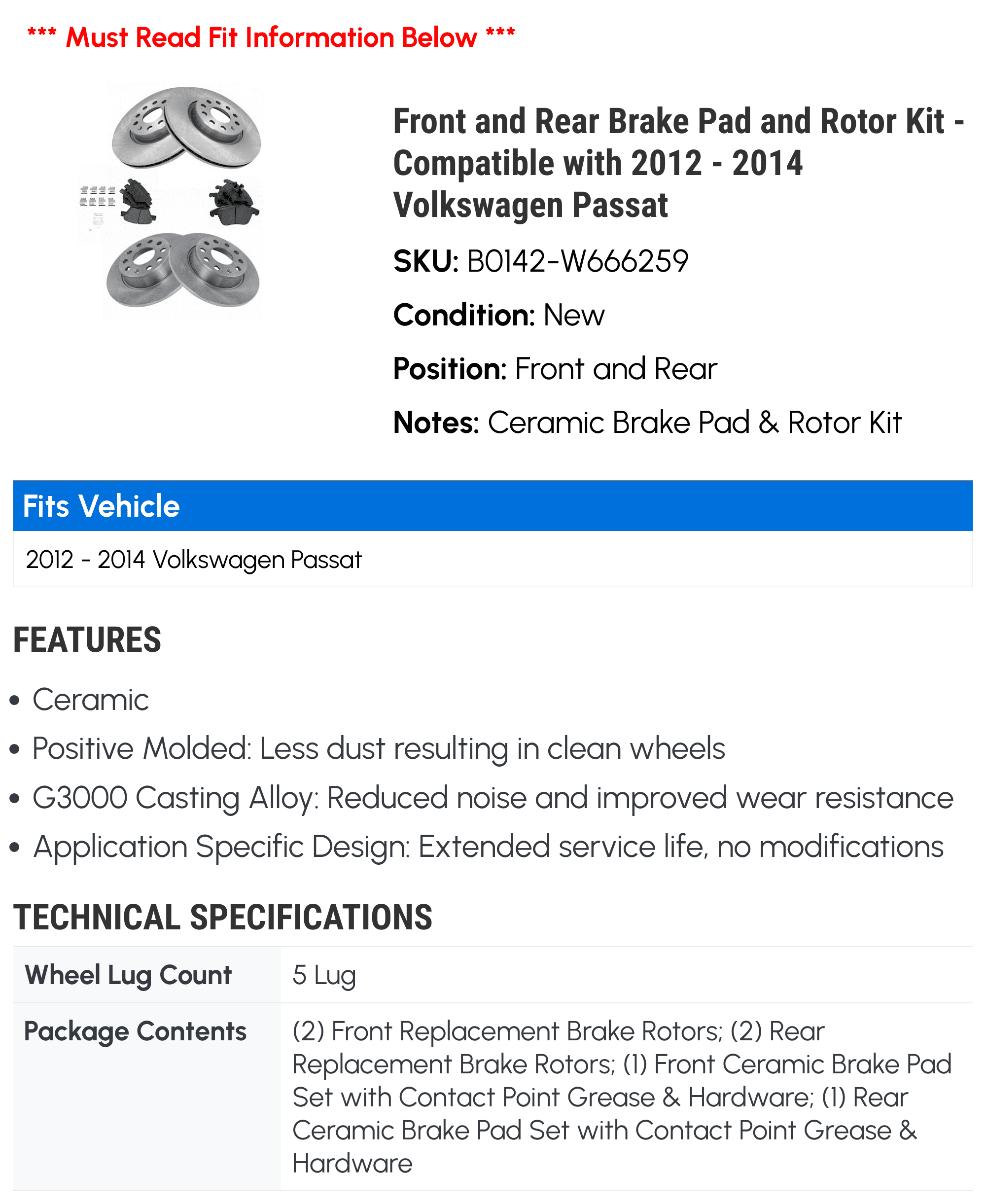 Front and Rear Brake Pad and Rotor Kit - Compatible with 2012 - 2014 Volkswagen Passat 2013