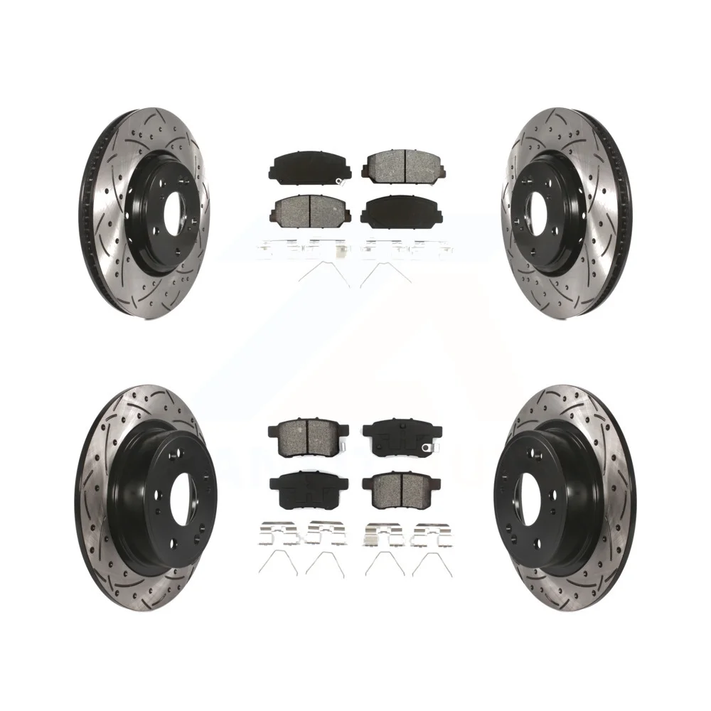 Transit Auto - Front Rear Coated Drilled Slotted Disc Brake Rotors And Semi-Metallic Pads Kit For Honda Accord KDS-100373