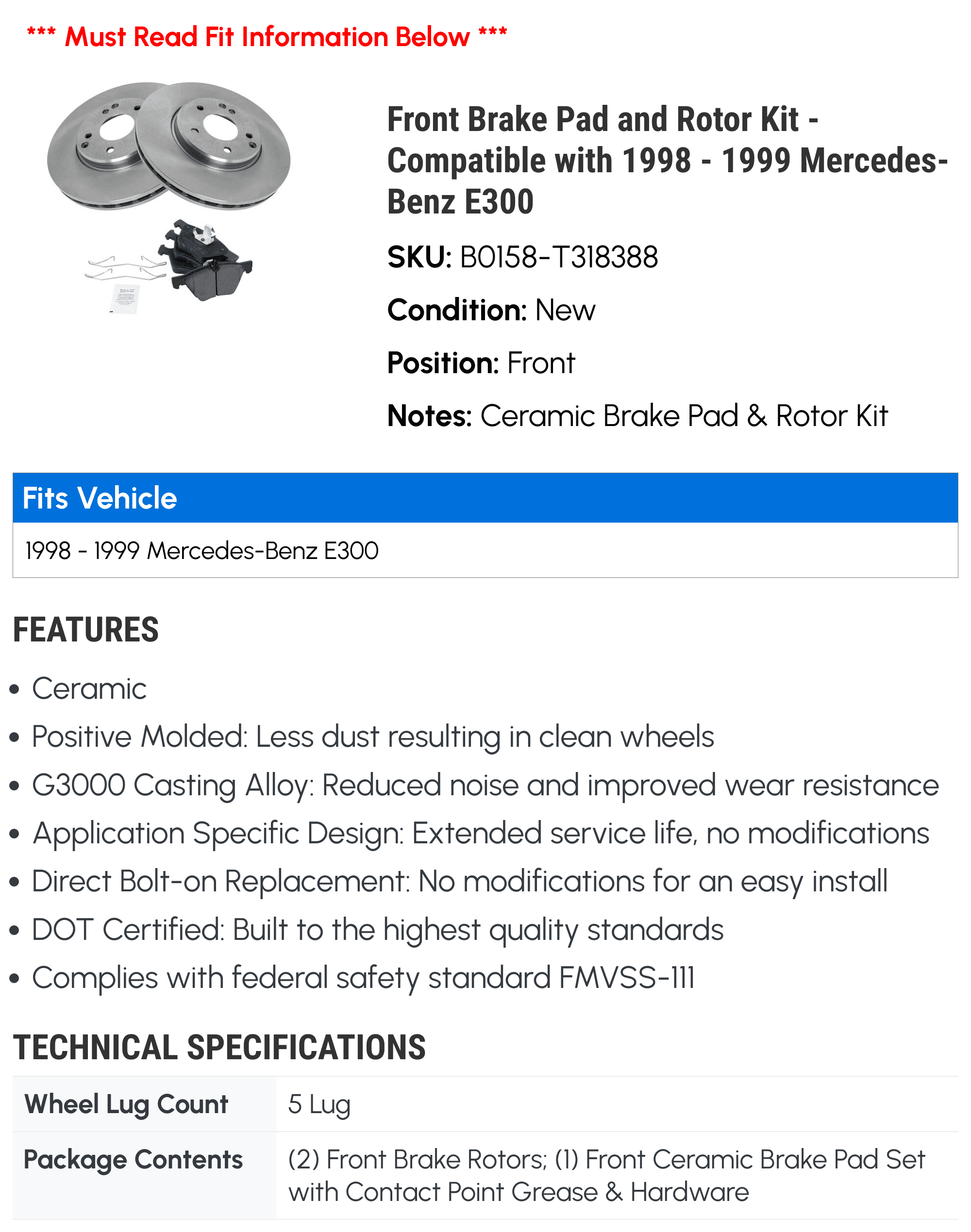 Front Brake Pad and Rotor Kit - Compatible with 1998 - 1999 Mercedes-Benz E300